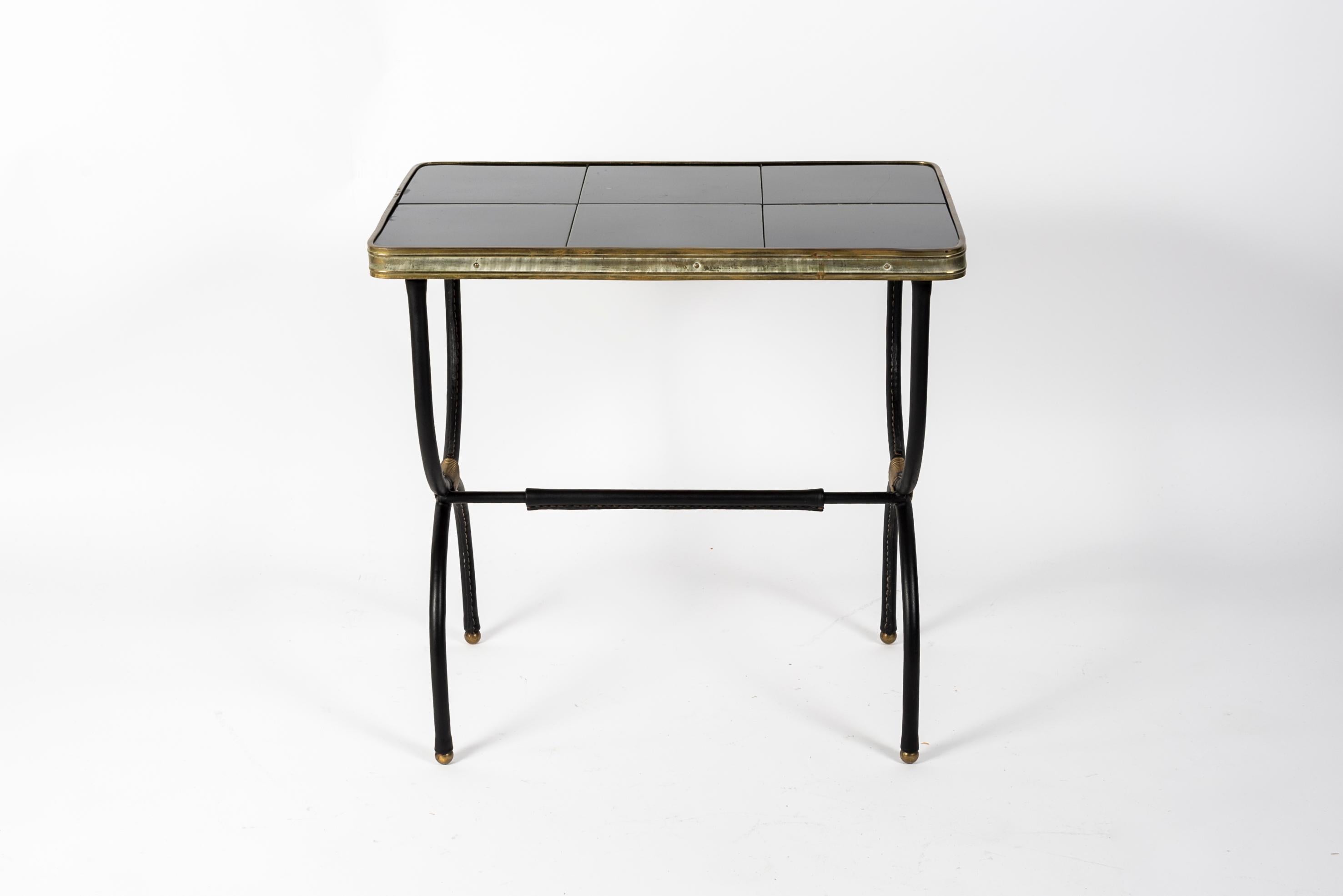 Pair of 1950's Stitched Leather Side Table by Jacques Adnet For Sale 2