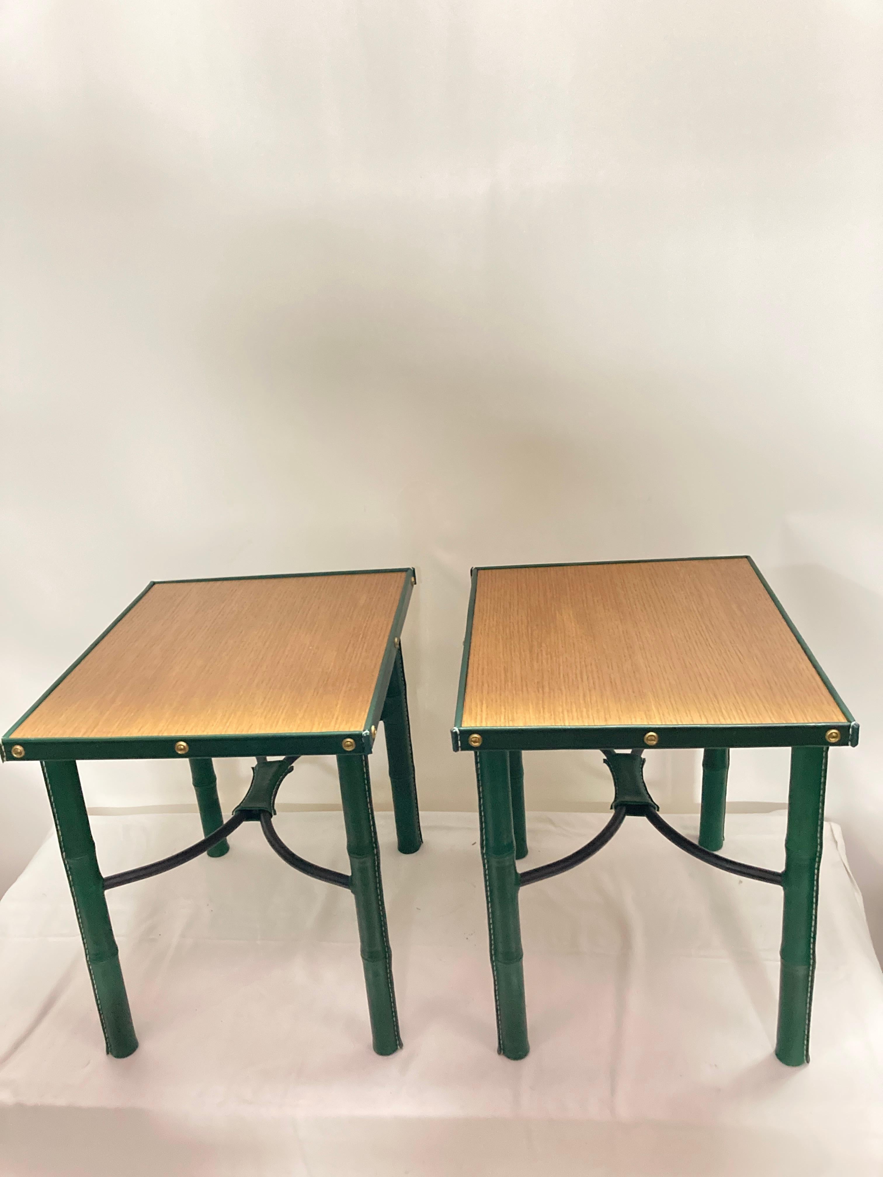 Pair of 1950's Stitched Leather side tables by Jacques Adnet For Sale 8
