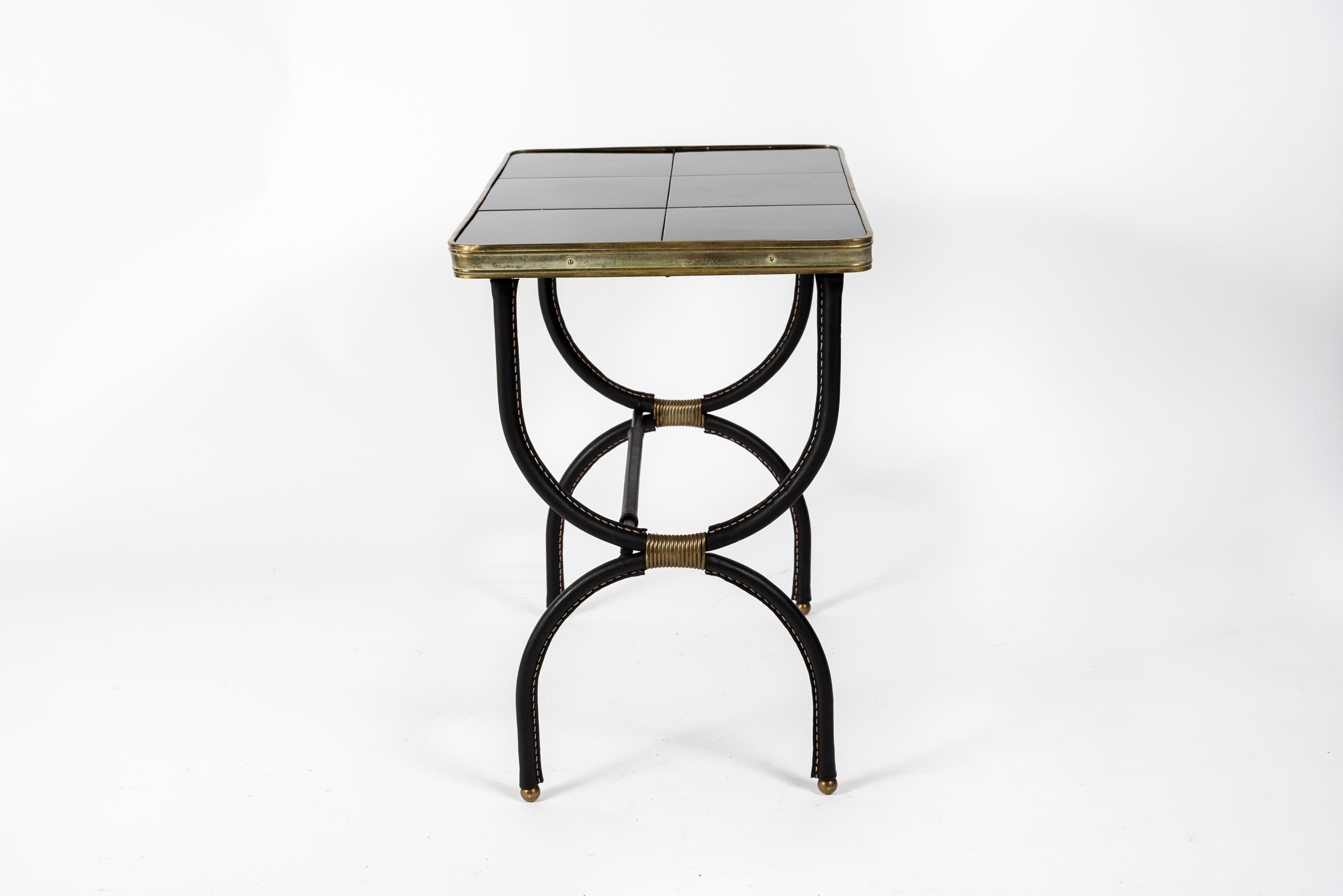 Ceramic Pair of 1950's Stitched Leather Side Tables by Jacques Adnet