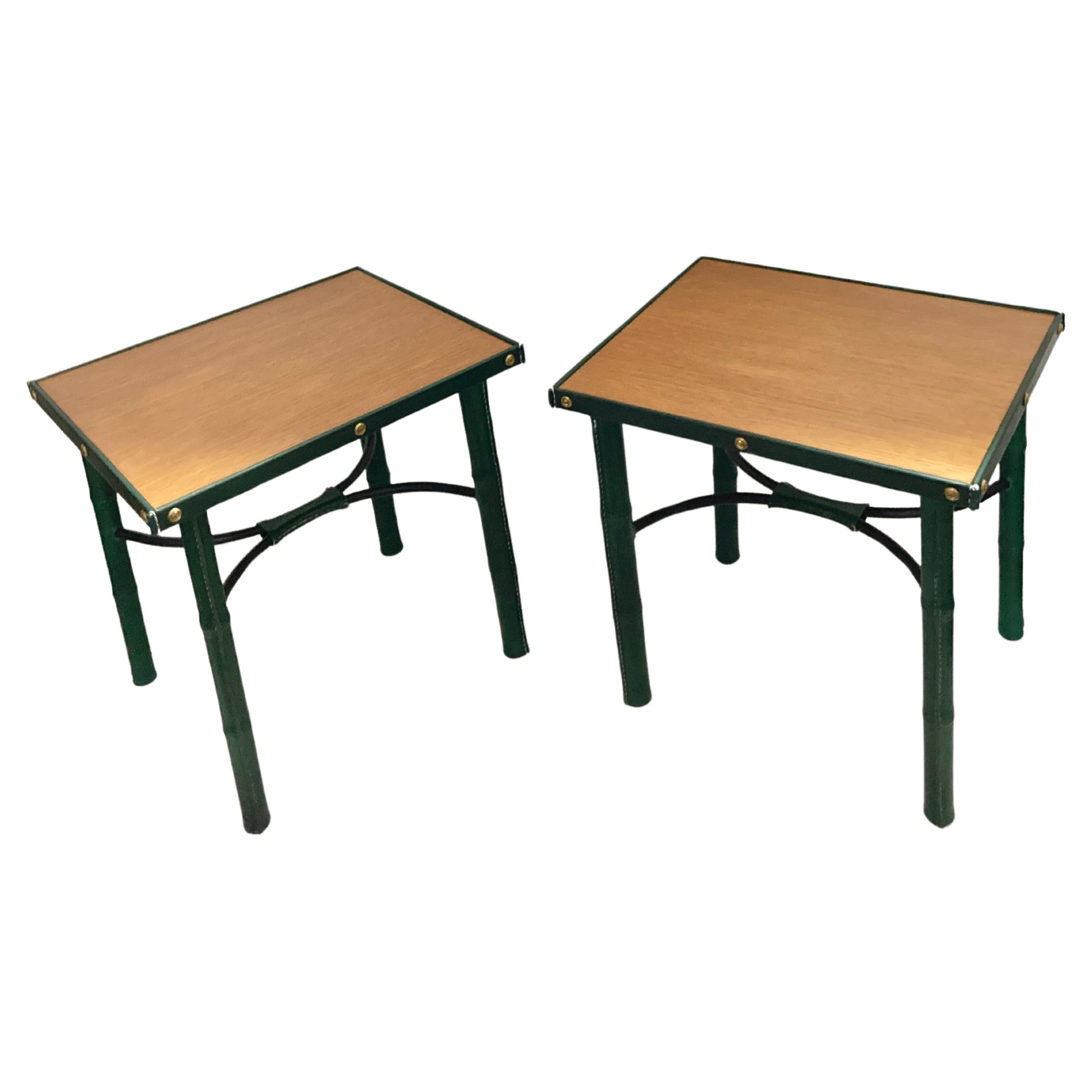 Pair of 1950's Stitched Leather side tables by Jacques Adnet For Sale