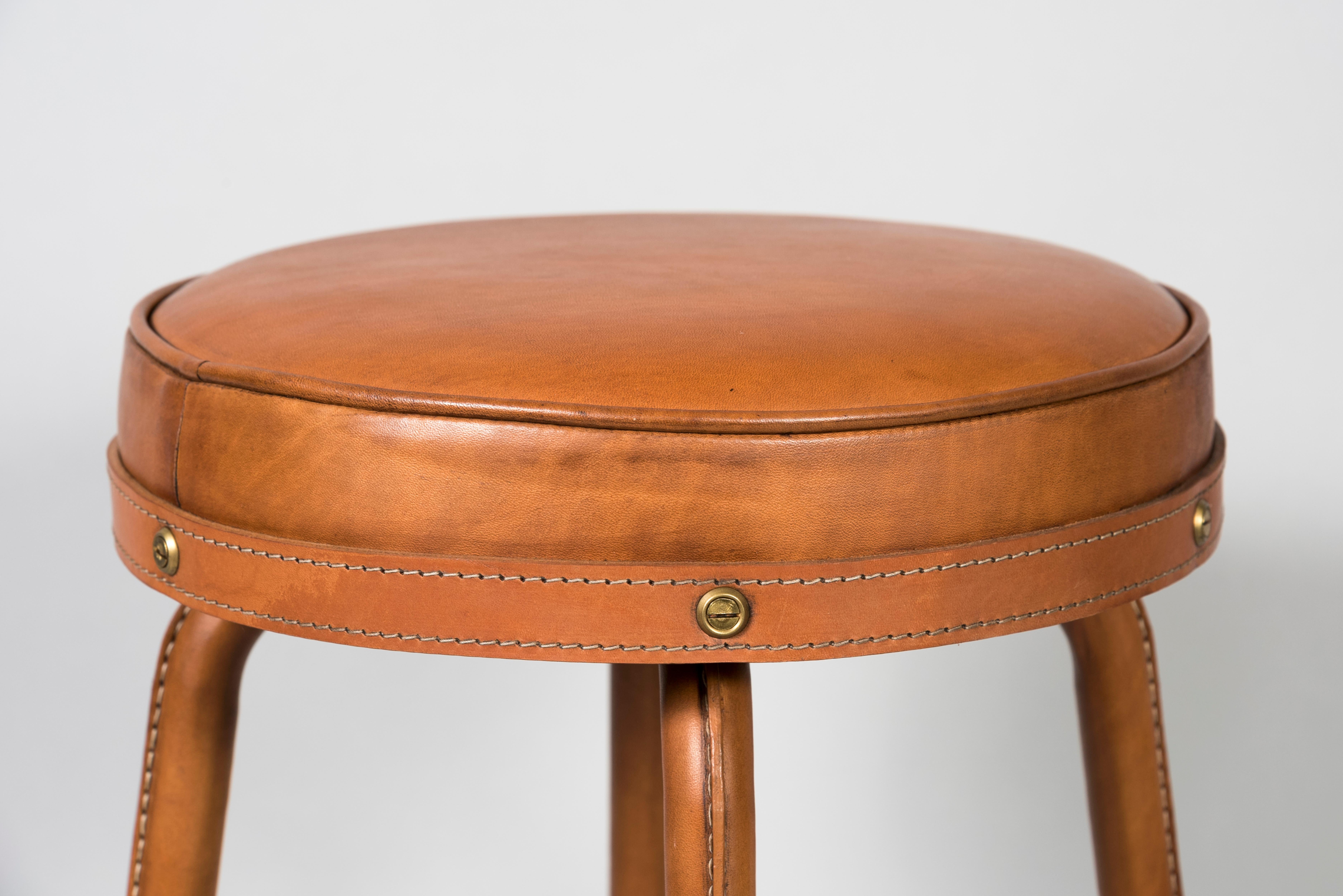 French Pair of 1950's Stitched Leather Stools by Jacques Adnet For Sale