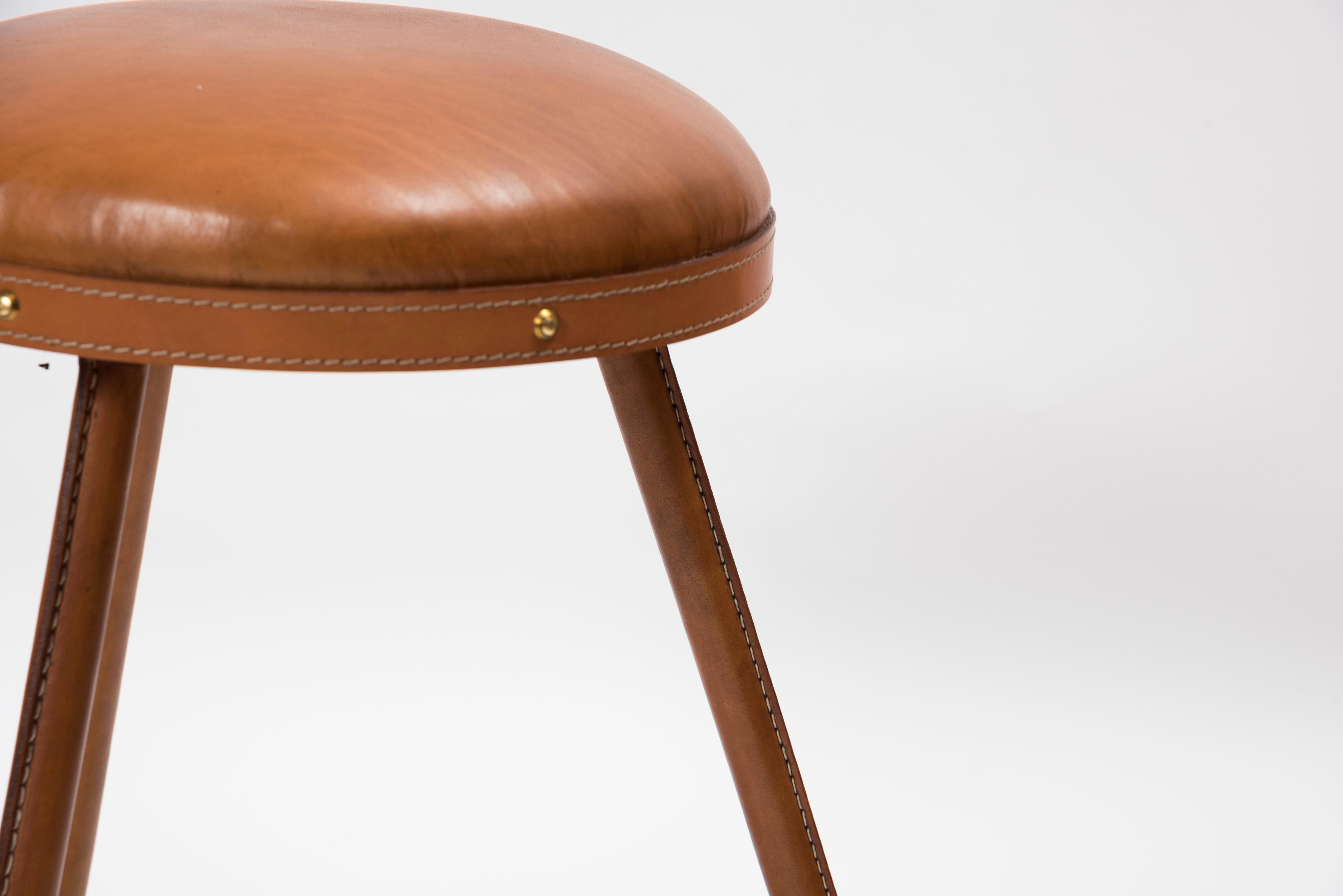 European Pair of 1950s Stitched Leather Stools by Jacques Adnet For Sale