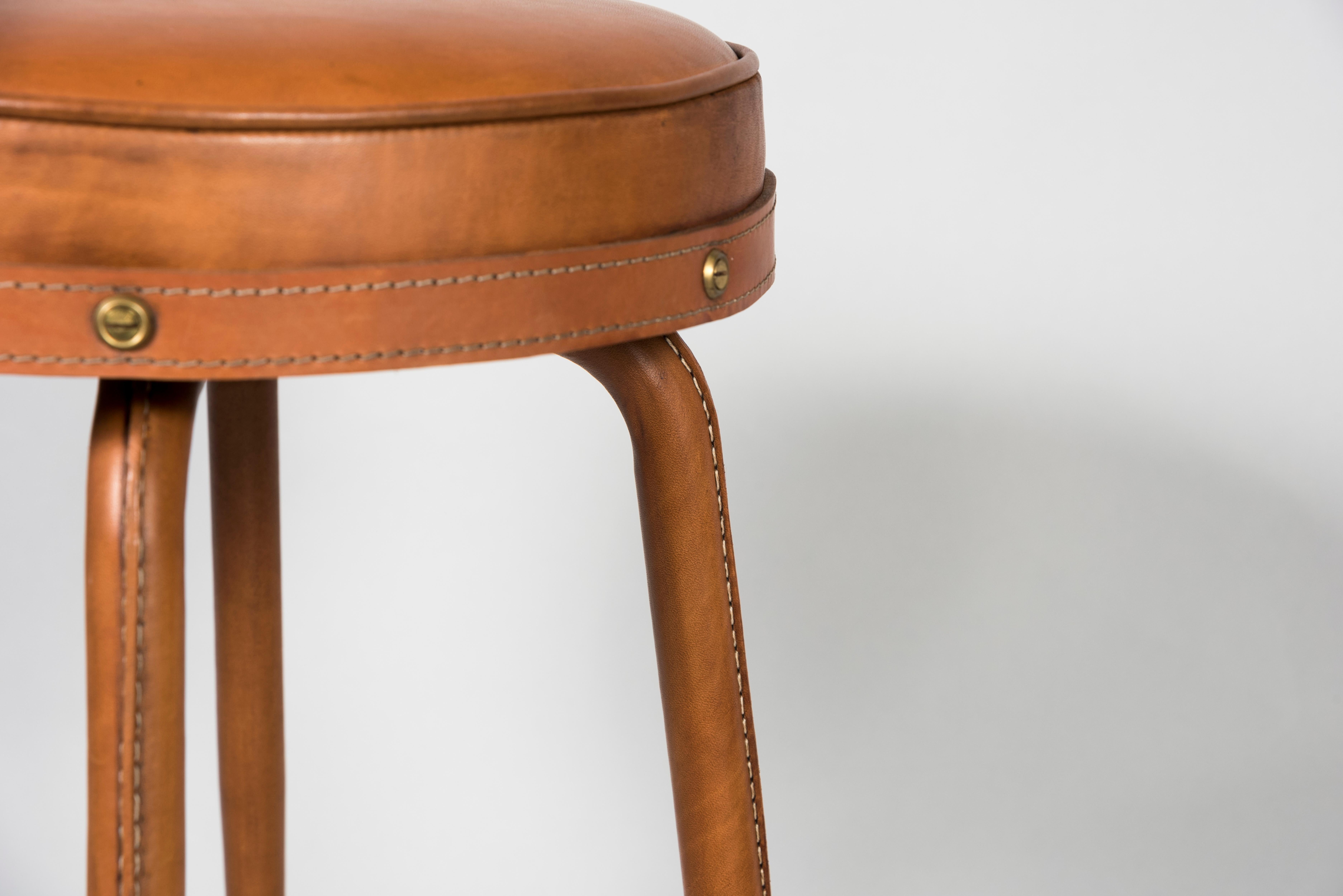 Pair of 1950's Stitched Leather Stools by Jacques Adnet In Fair Condition For Sale In Bois-Colombes, FR