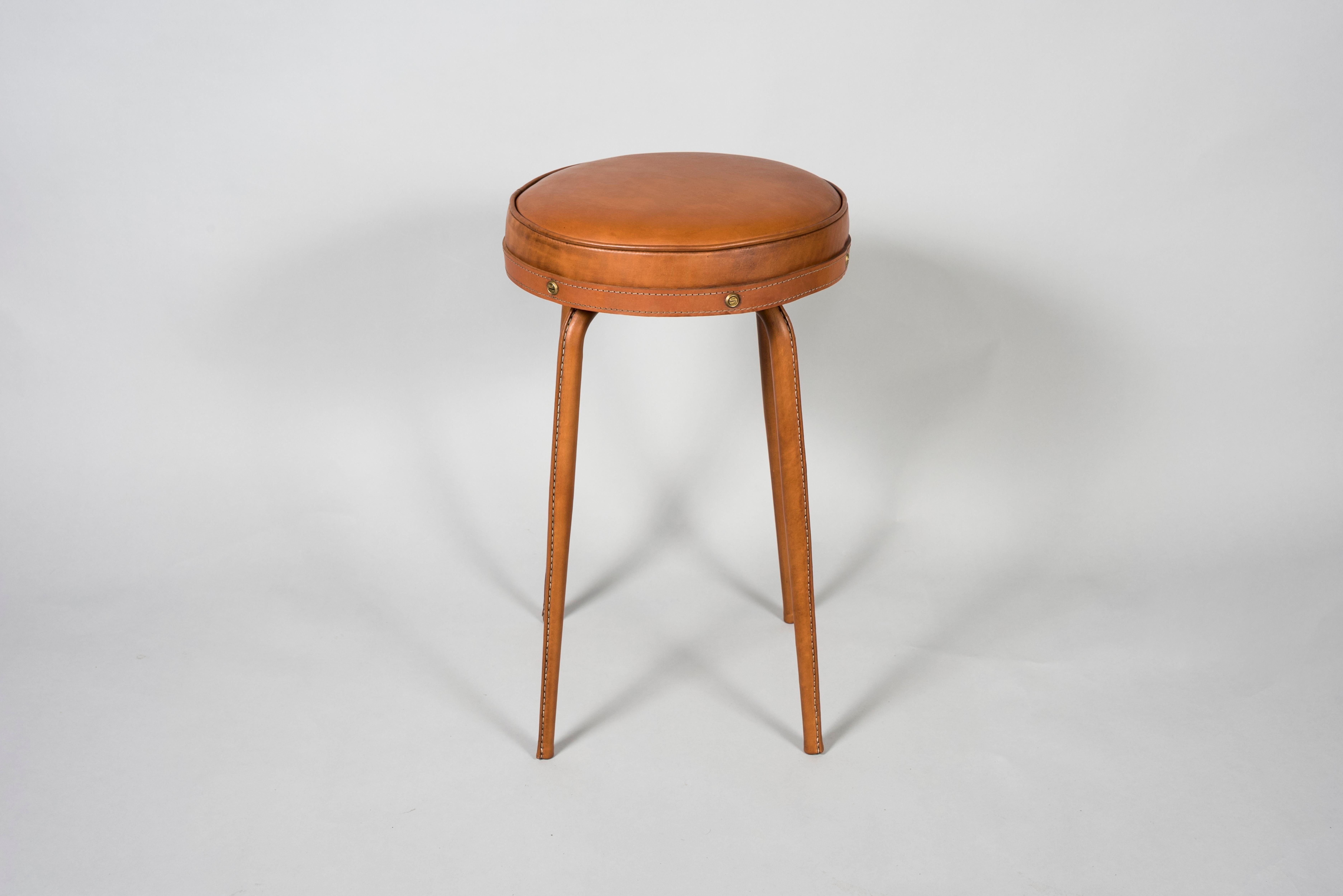 Mid-20th Century Pair of 1950's Stitched Leather Stools by Jacques Adnet For Sale