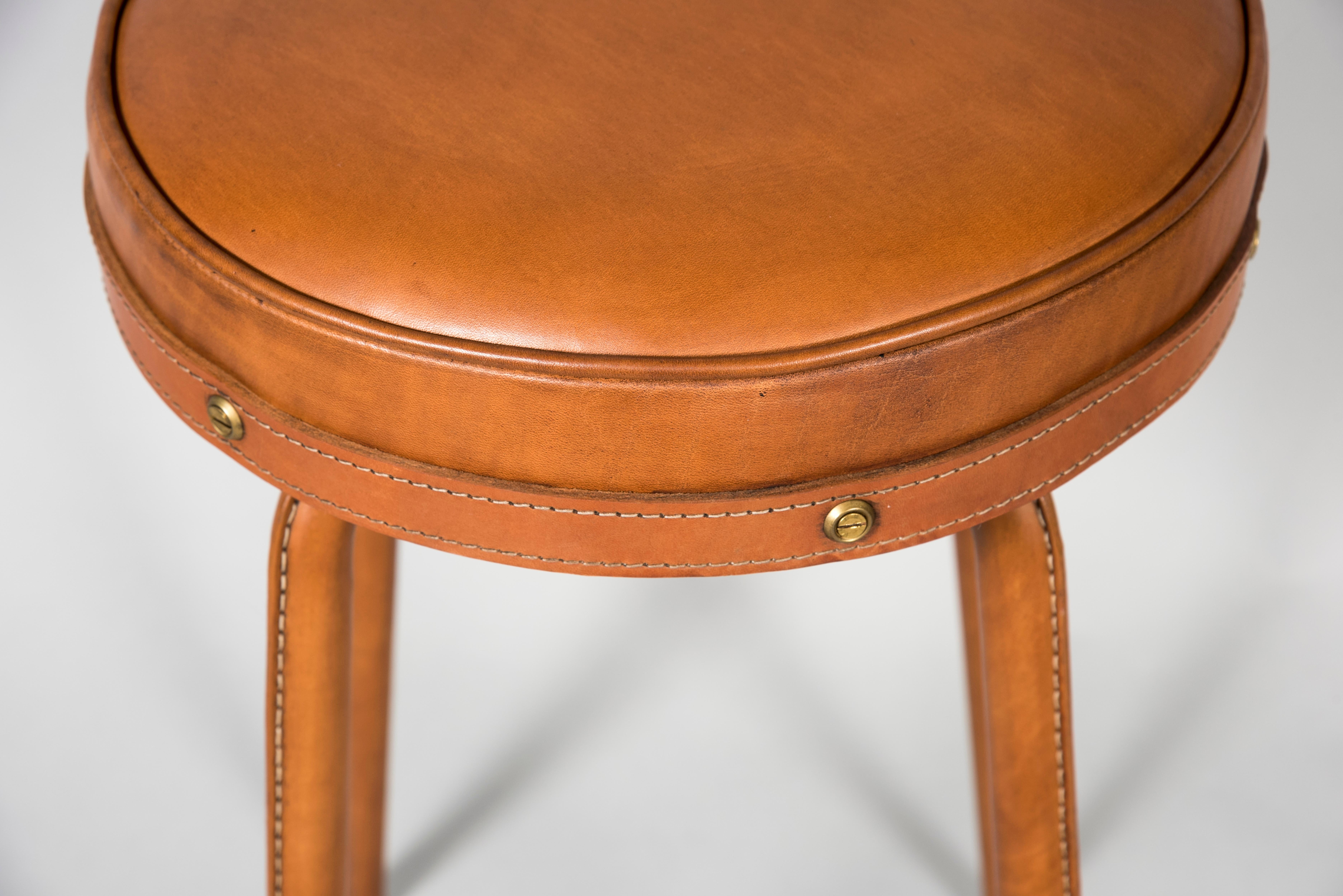 Pair of 1950's Stitched Leather Stools by Jacques Adnet For Sale 1