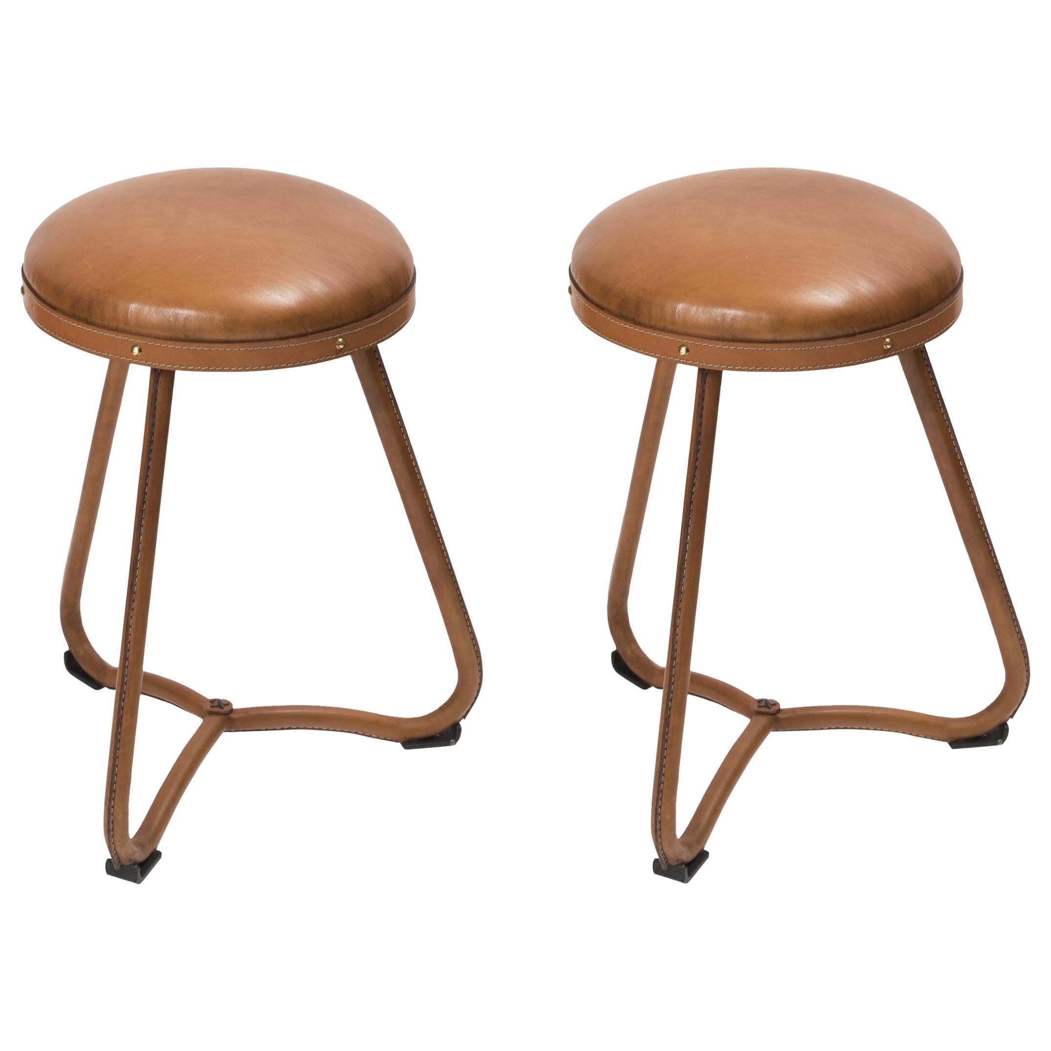 Pair of 1950s Stitched Leather Stools by Jacques Adnet