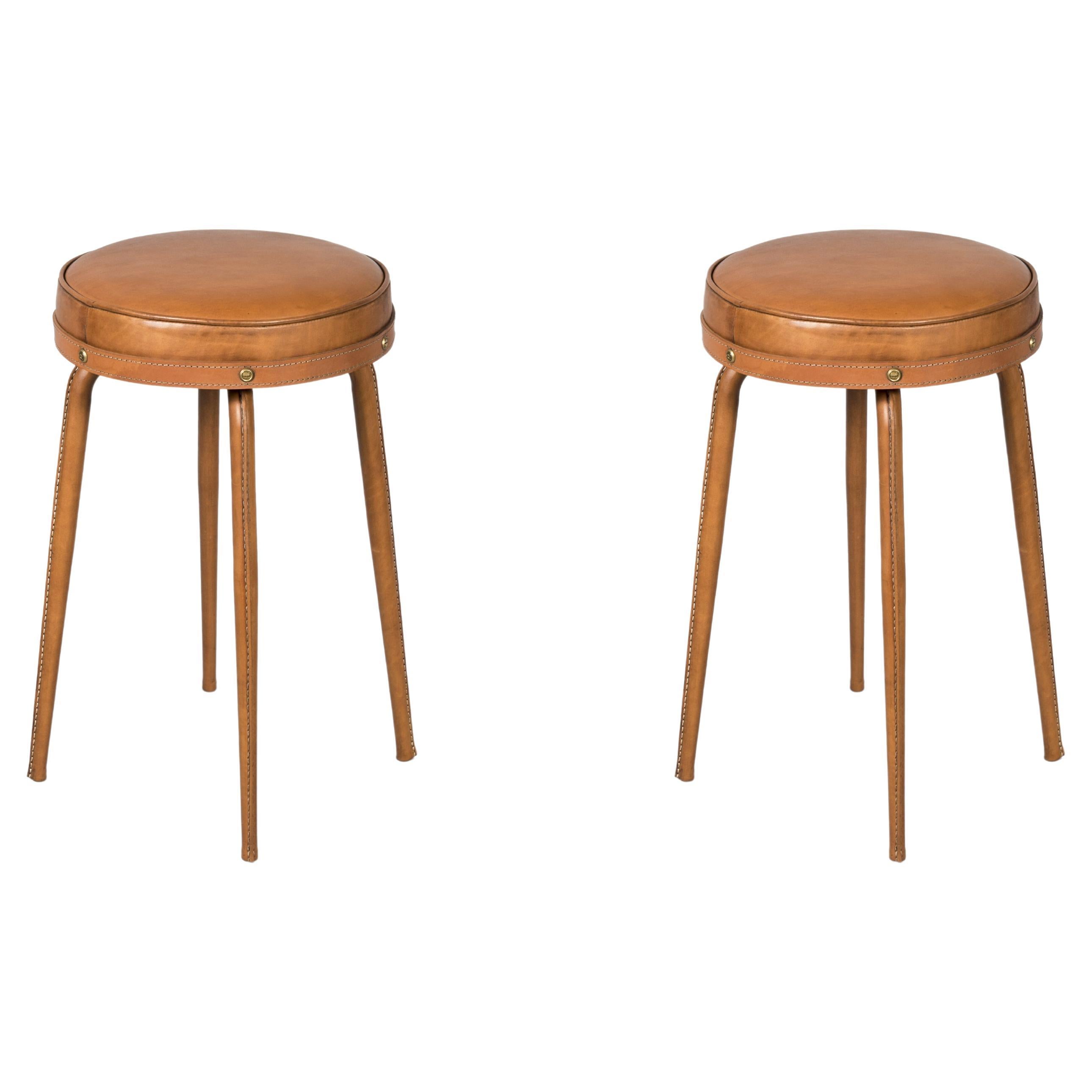 Pair of 1950's Stitched Leather Stools by Jacques Adnet