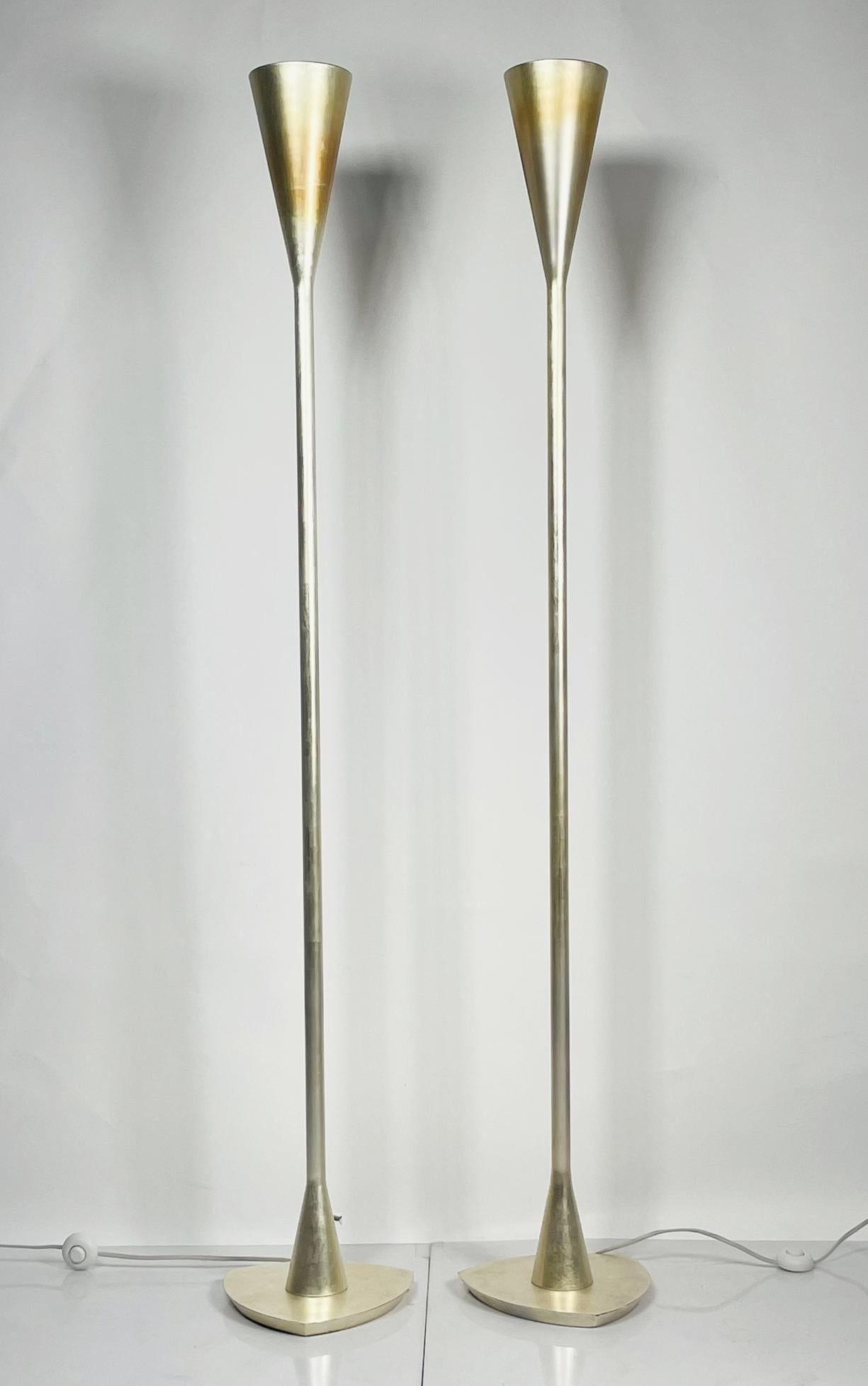 Pair of 1950s Style Torchiere Lamps with Silver Leaf For Sale 3