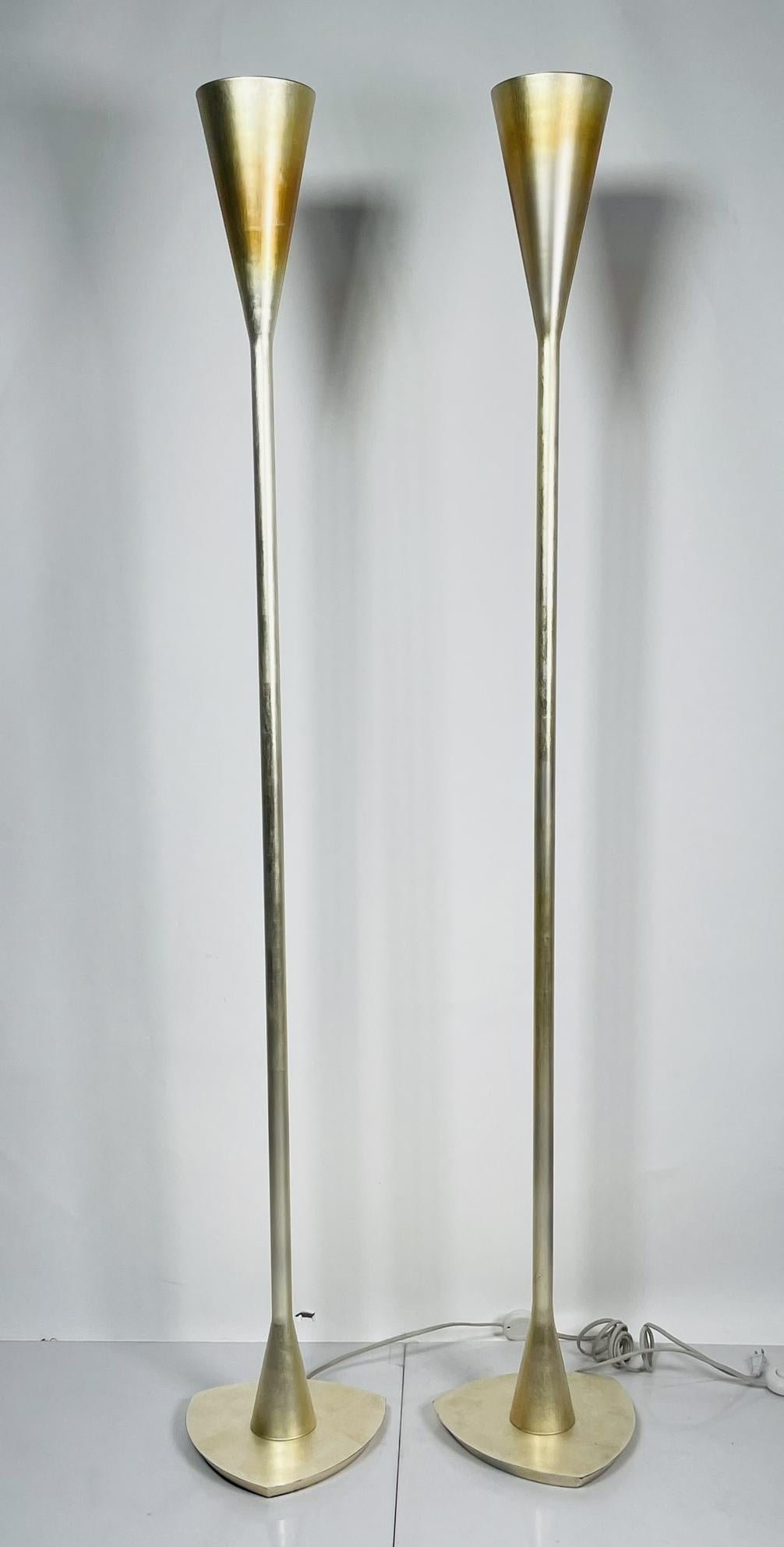 Pair of 1950s Style Torchiere Lamps with Silver Leaf For Sale 7