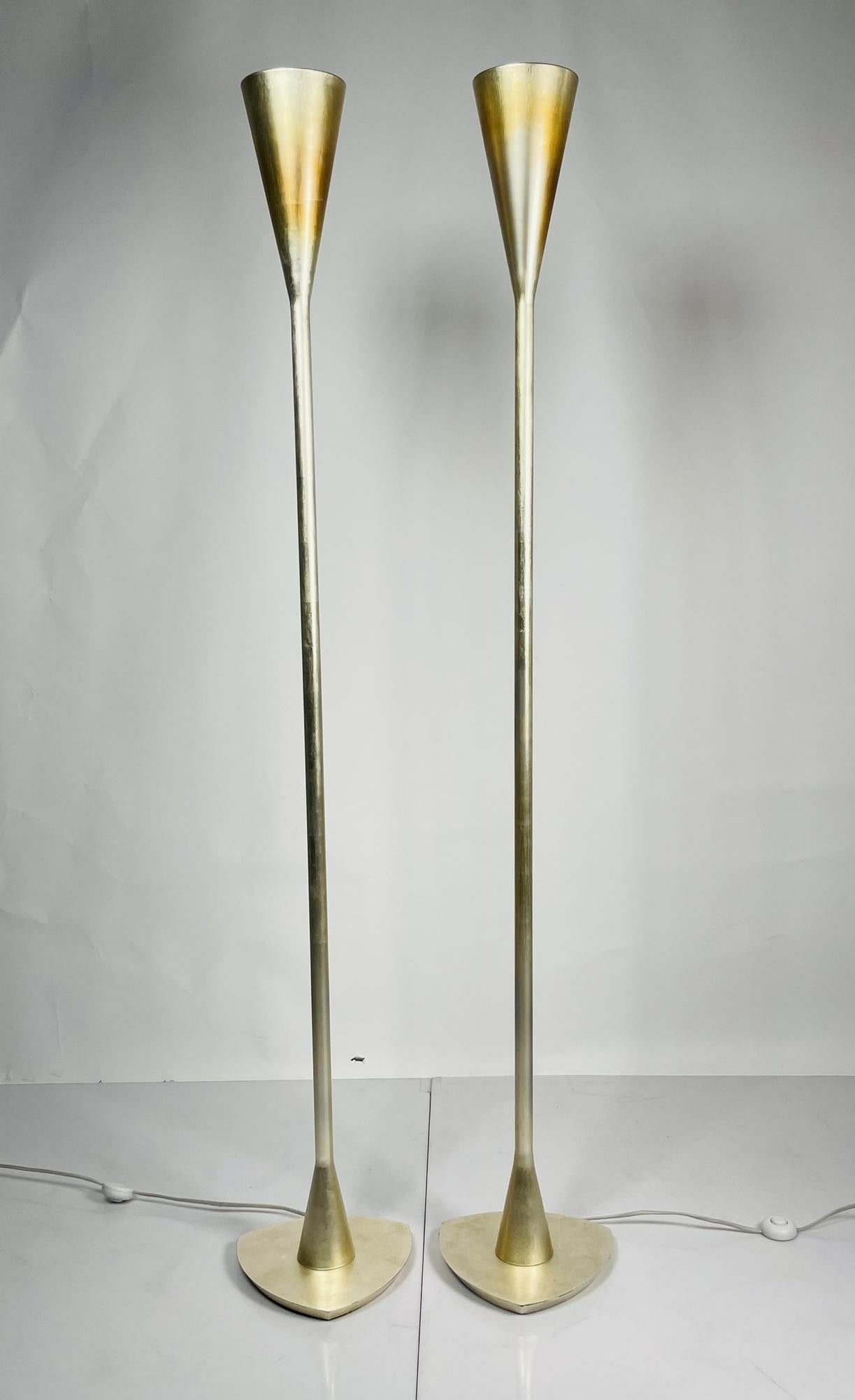Mid-Century Modern Pair of 1950s Style Torchiere Lamps with Silver Leaf For Sale