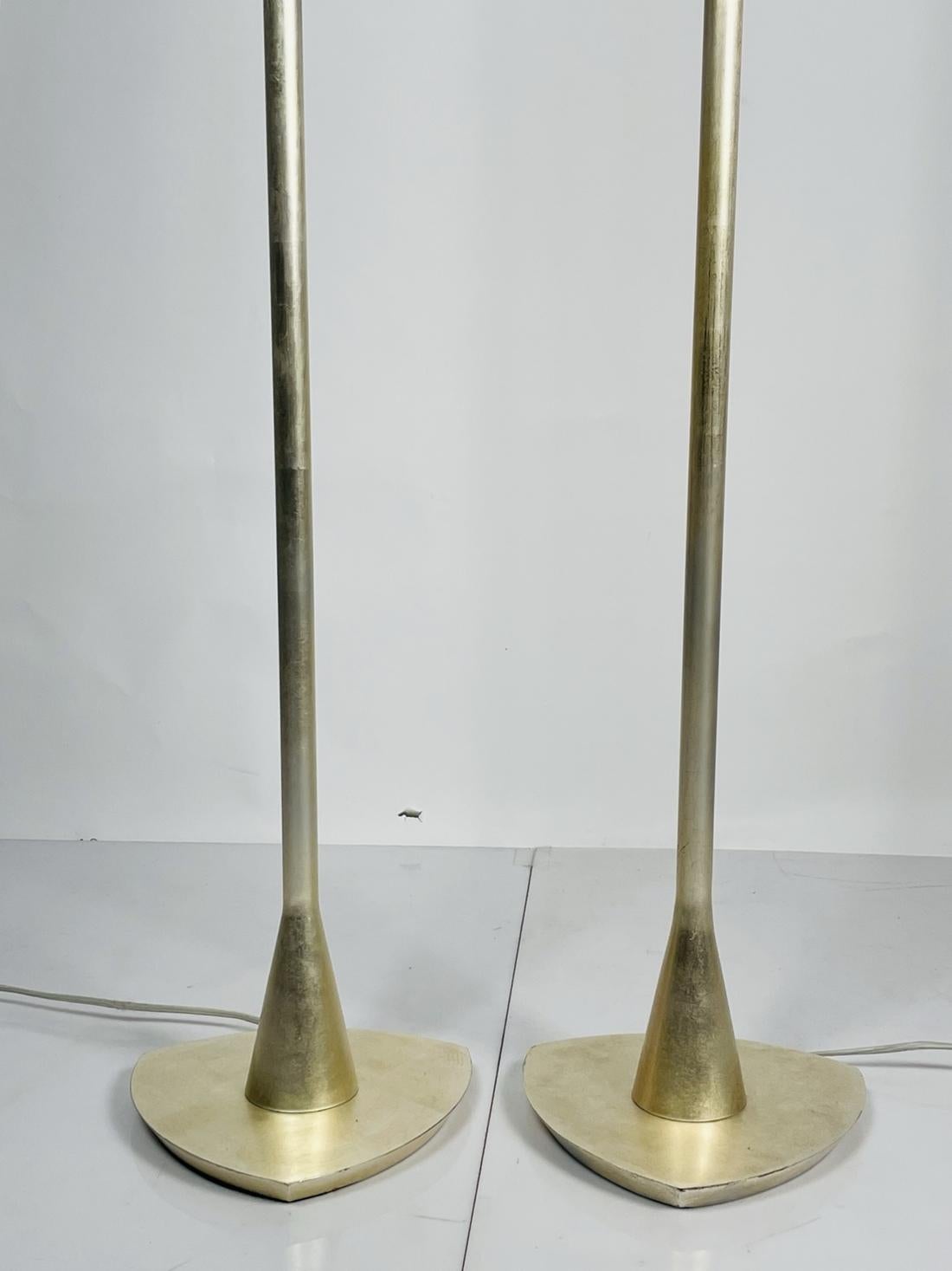 Steel Pair of 1950s Style Torchiere Lamps with Silver Leaf For Sale