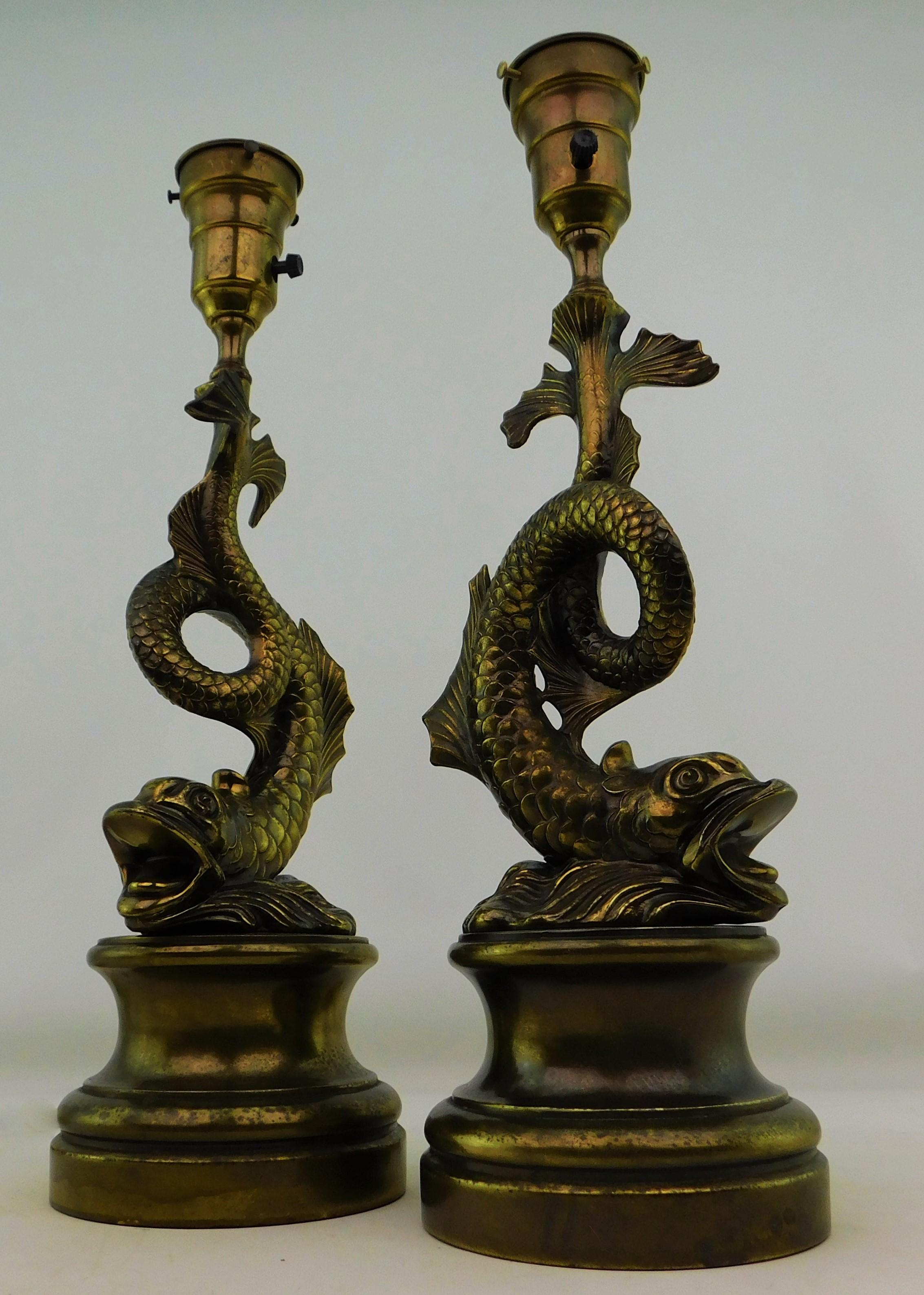 Pair of 1950s Stylized Japanese Design Dragon Serpentine Koi Fish Table Lamps For Sale 4