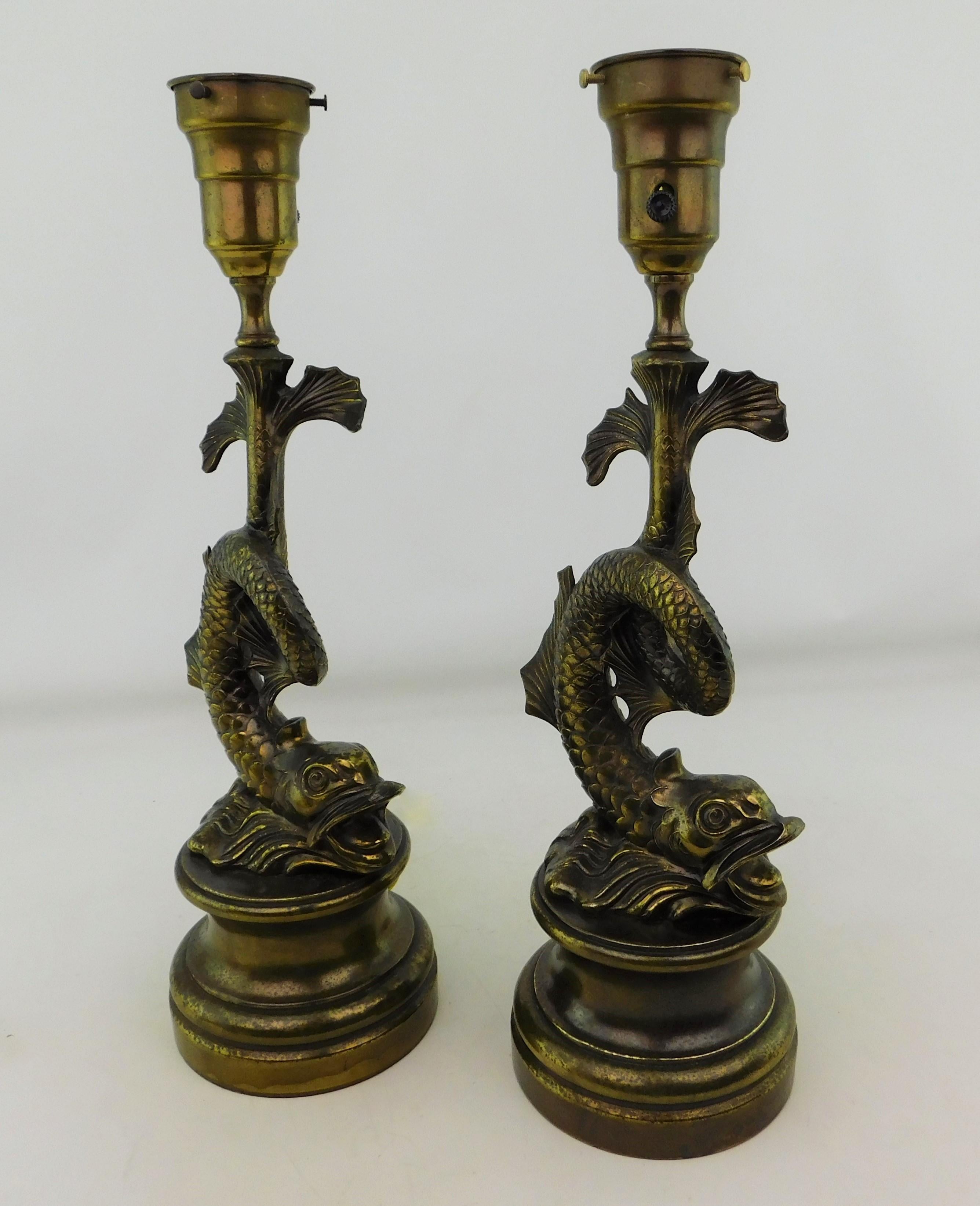 Pair of 1950s Stylized Japanese Design Dragon Serpentine Koi Fish Table Lamps For Sale 5