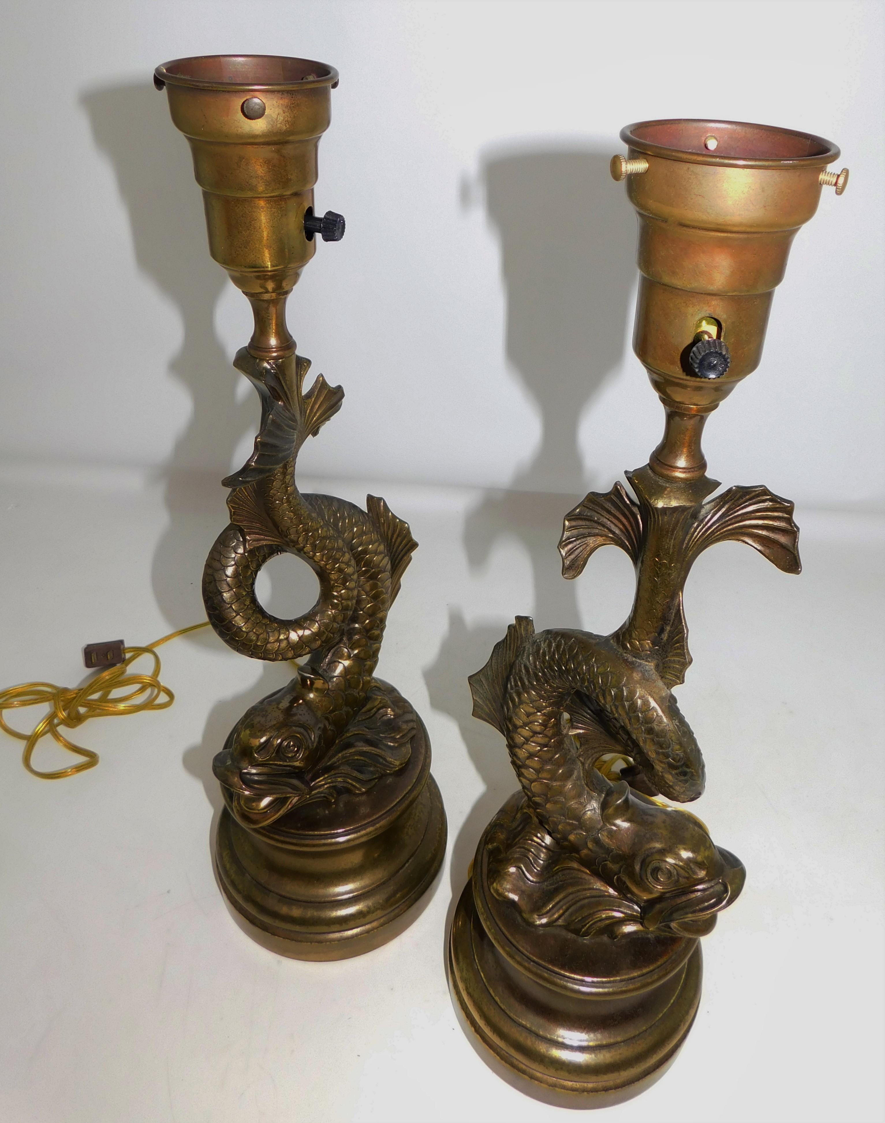 Pair of 1950s Stylized Japanese Design Dragon Serpentine Koi Fish Table Lamps For Sale 8