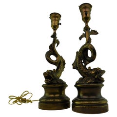 Pair of 1950s Stylized Japanese Design Dragon Serpentine Koi Fish Table Lamps