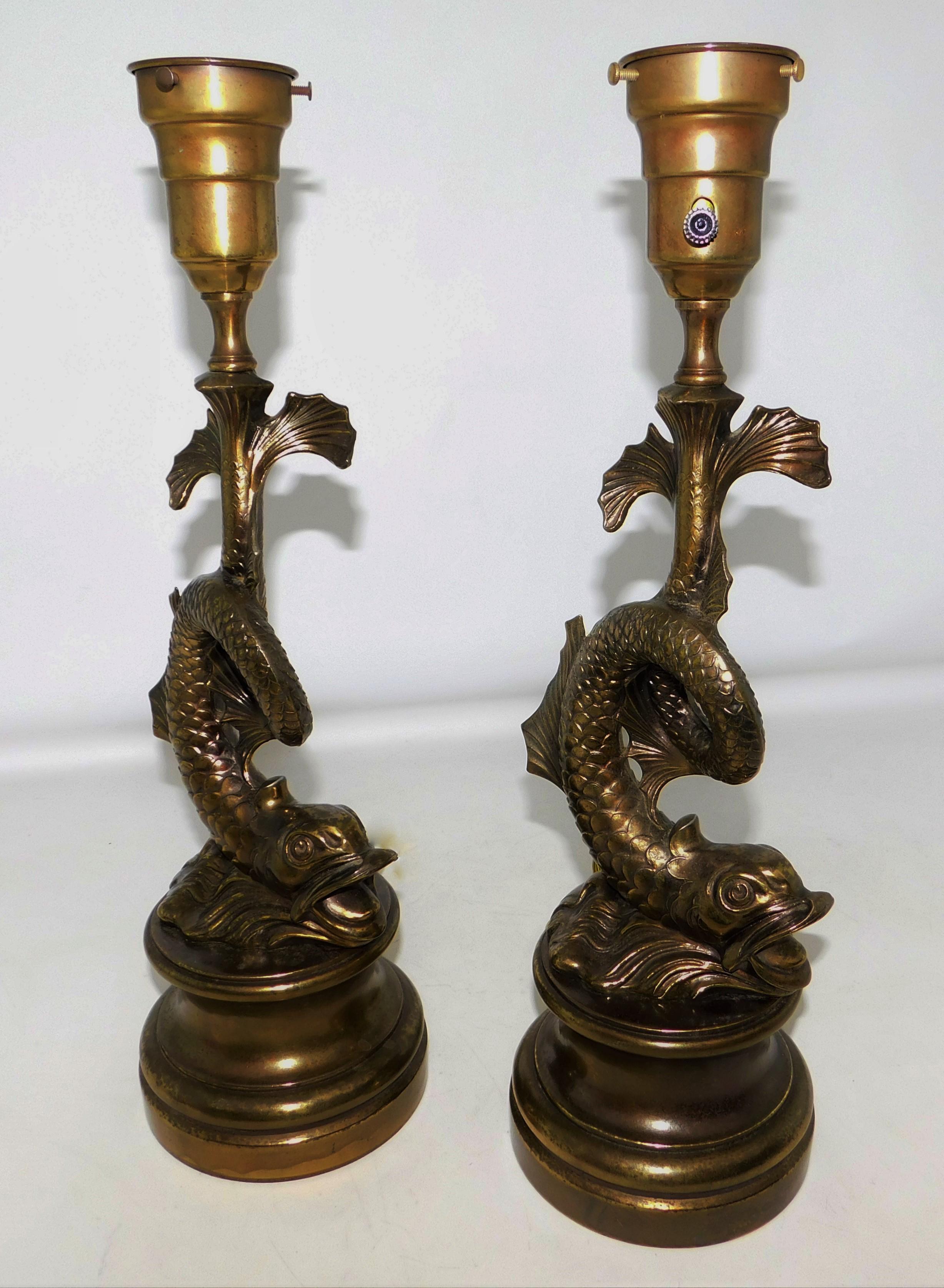Mid-Century Modern Pair of 1950s Stylized Japanese Design Dragon Serpentine Koi Fish Table Lamps For Sale