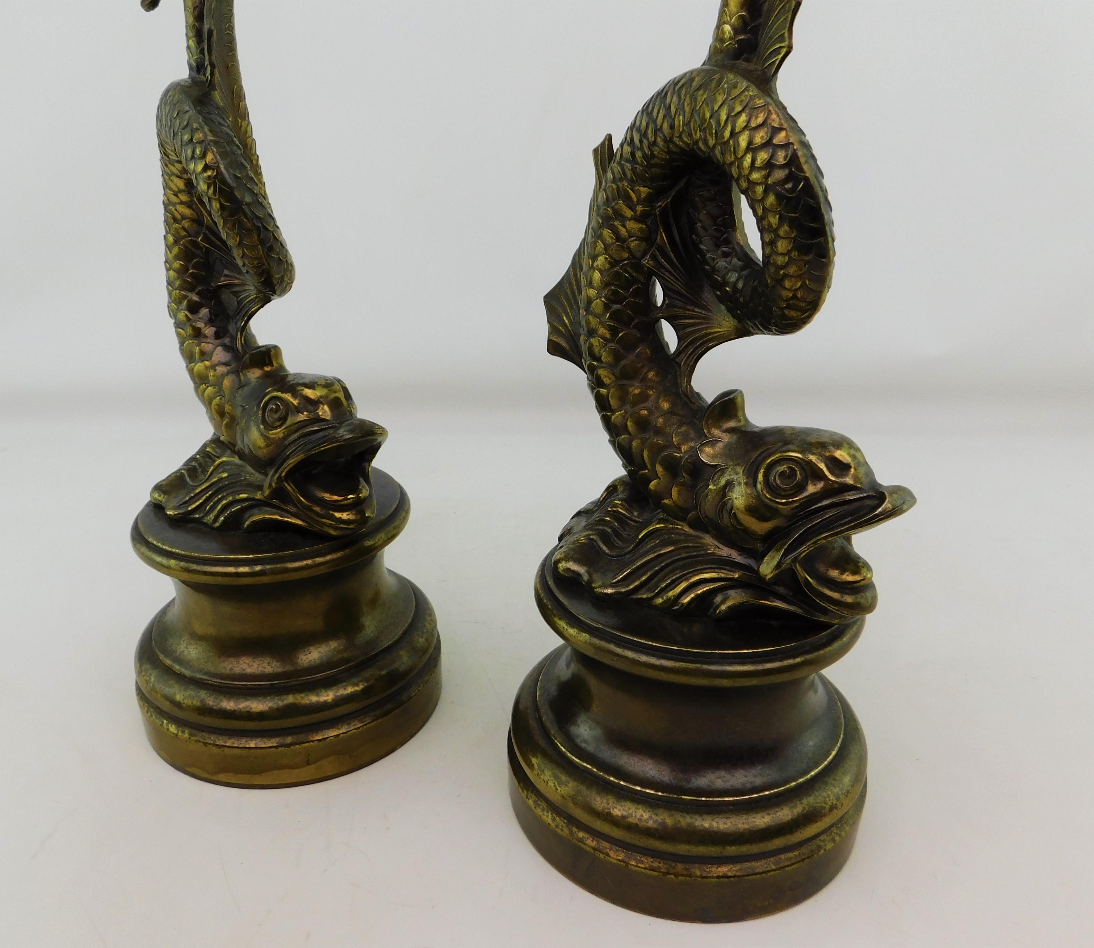American Pair of 1950s Stylized Japanese Design Dragon Serpentine Koi Fish Table Lamps For Sale