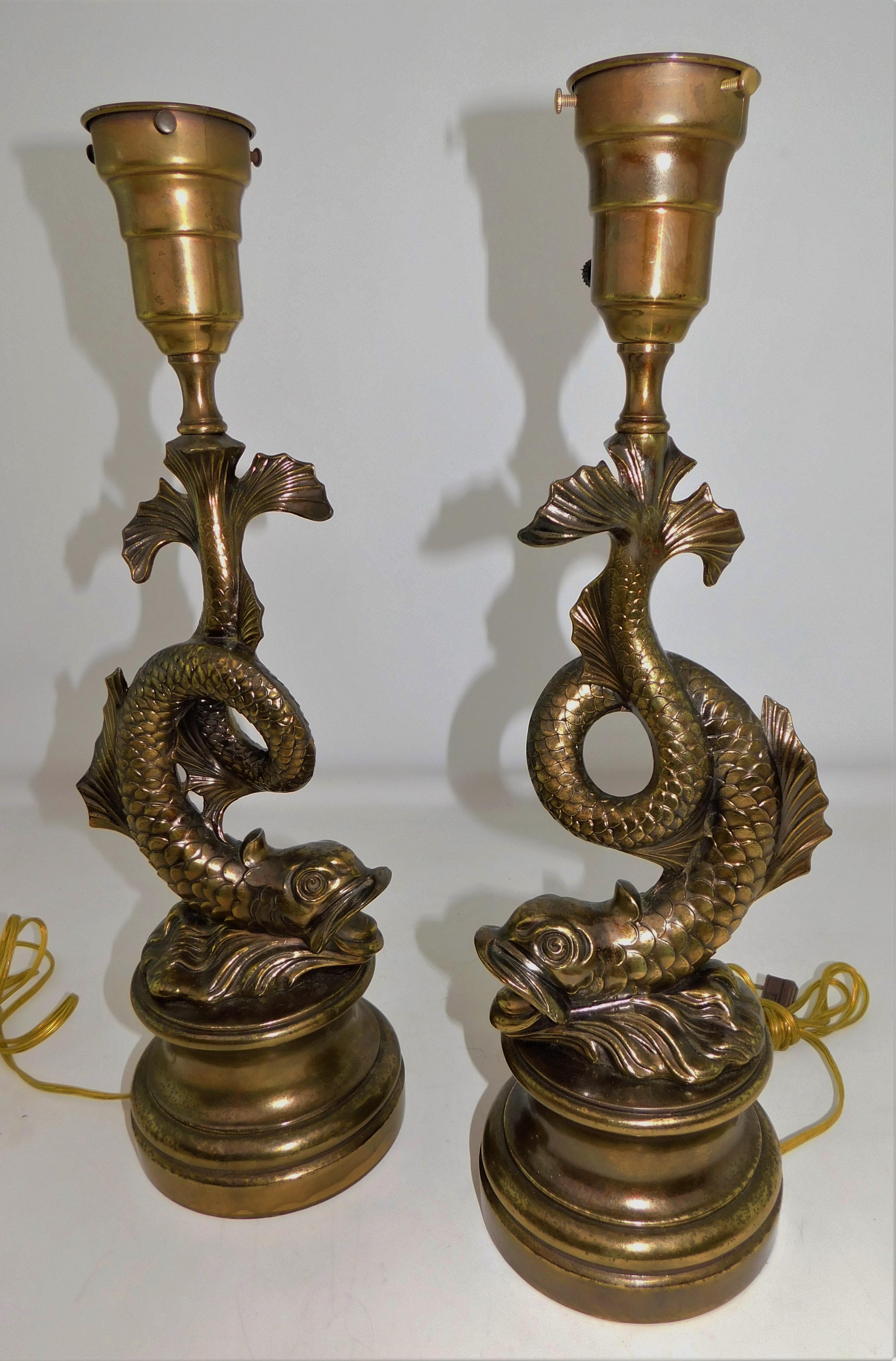 Pair of 1950s Stylized Japanese Design Dragon Serpentine Koi Fish Table Lamps In Good Condition For Sale In Hamilton, Ontario