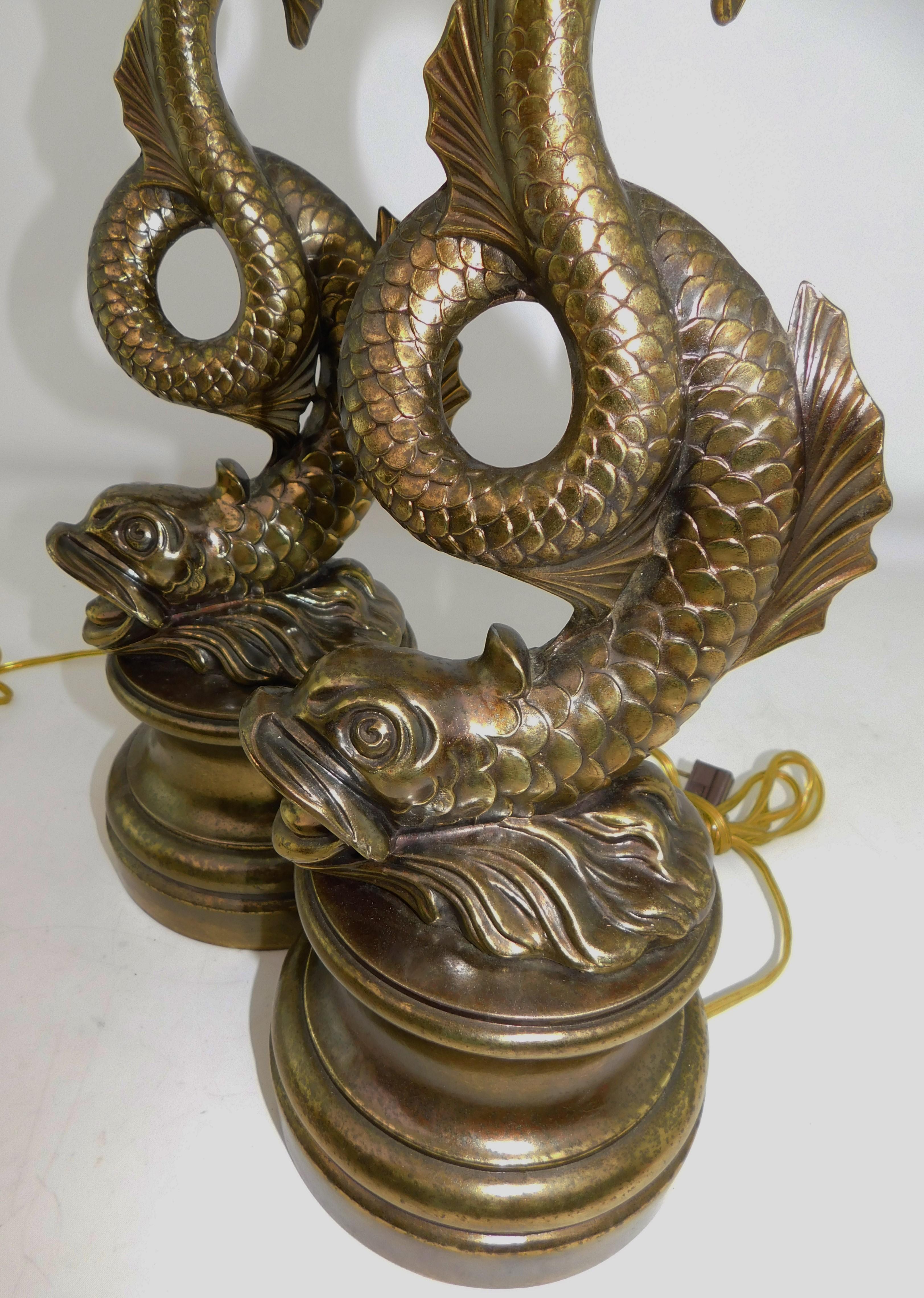 Metal Pair of 1950s Stylized Japanese Design Dragon Serpentine Koi Fish Table Lamps For Sale