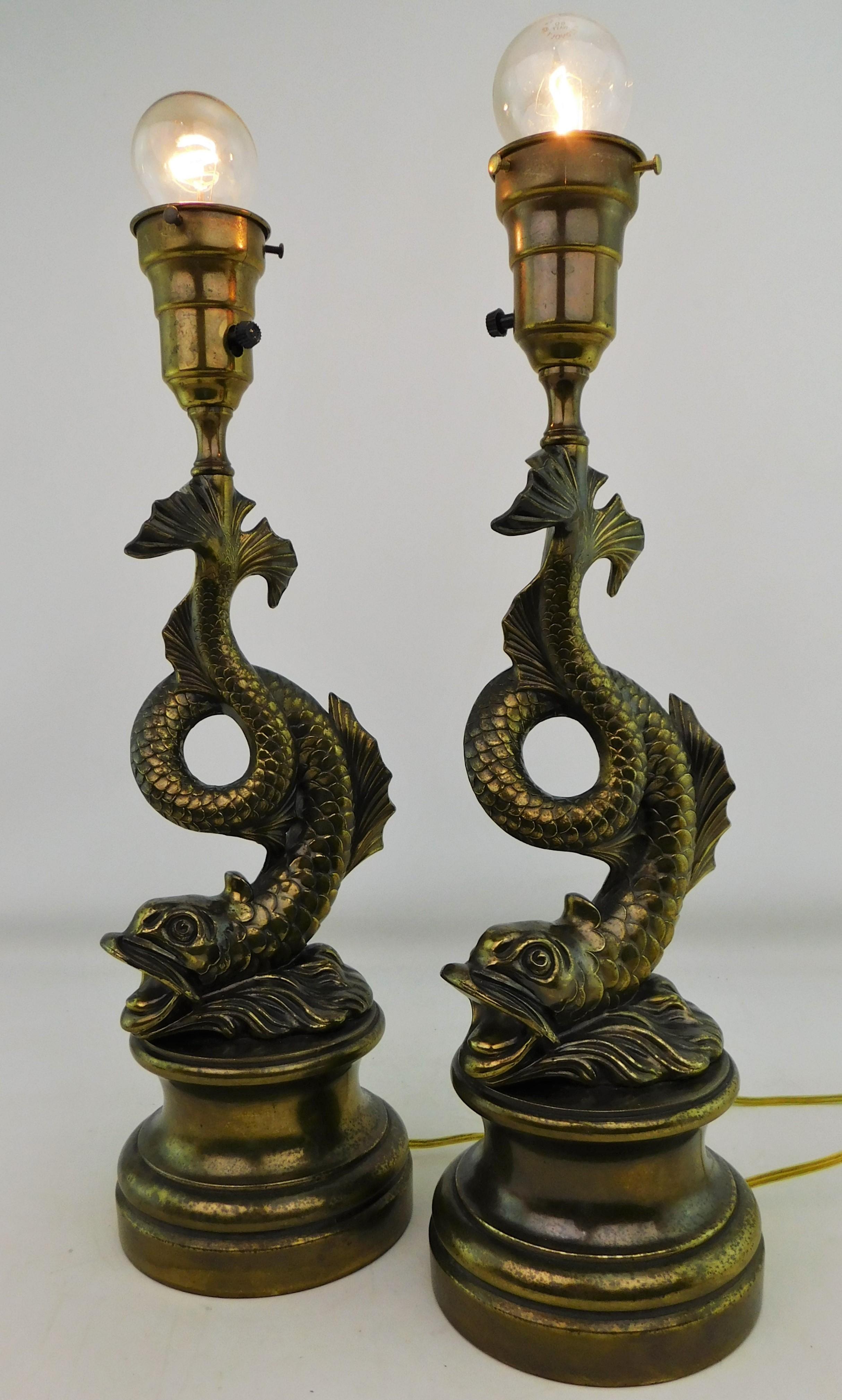 Pair of 1950s Stylized Japanese Design Dragon Serpentine Koi Fish Table Lamps For Sale 2