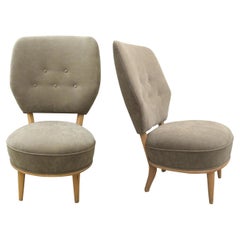 Pair of 1950s Swedish Birch His and Hers Easy Chairs Reupholstered in Faux Suede