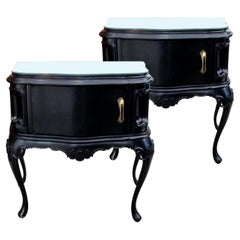 Pair of 1950s Swedish Black Bow Fronted Baroque Style Nightstands Mirrored Tops
