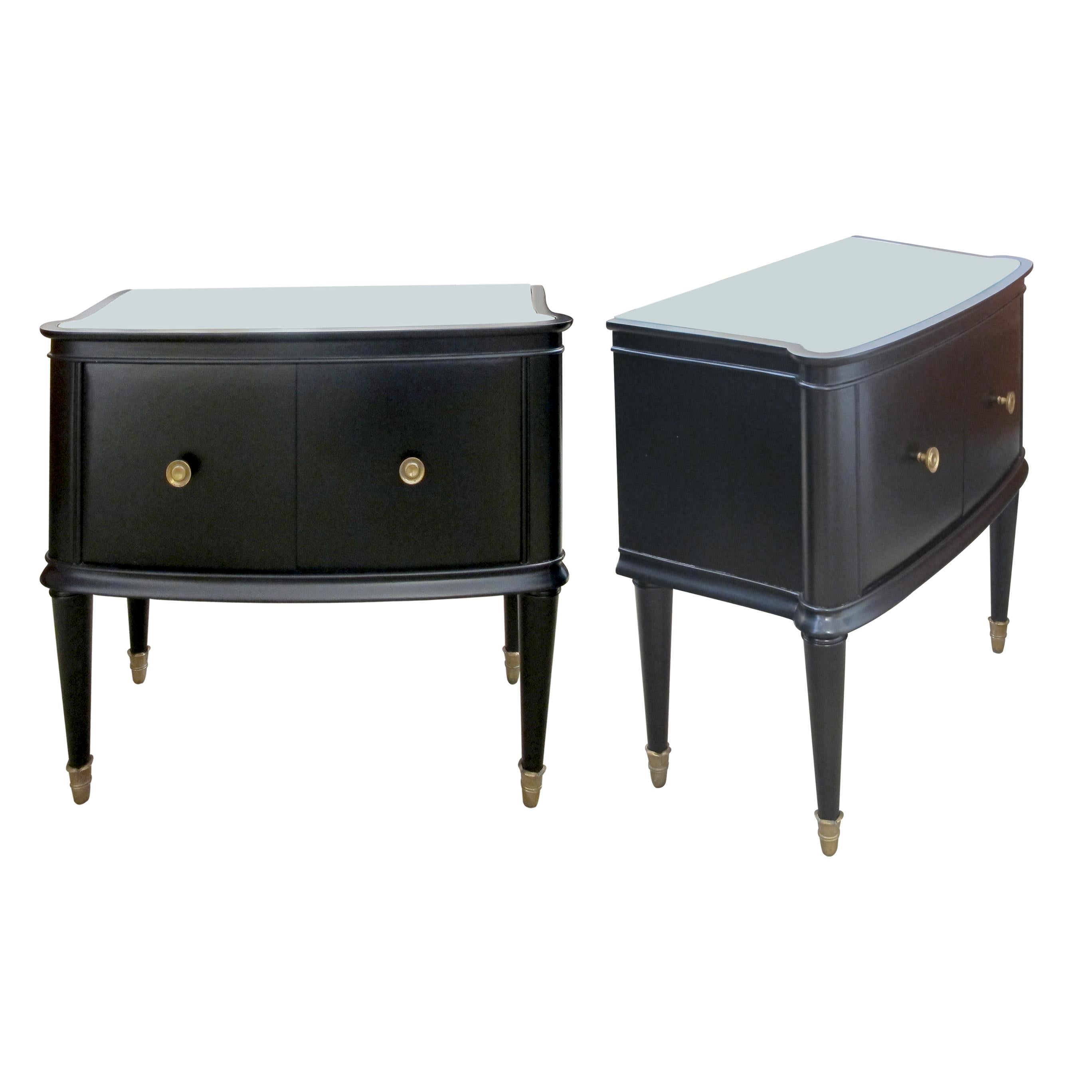 Mid-Century Modern Pair of 1950s Swedish Black Bow Fronted Mirror Topped Nightstands Bedside Tables