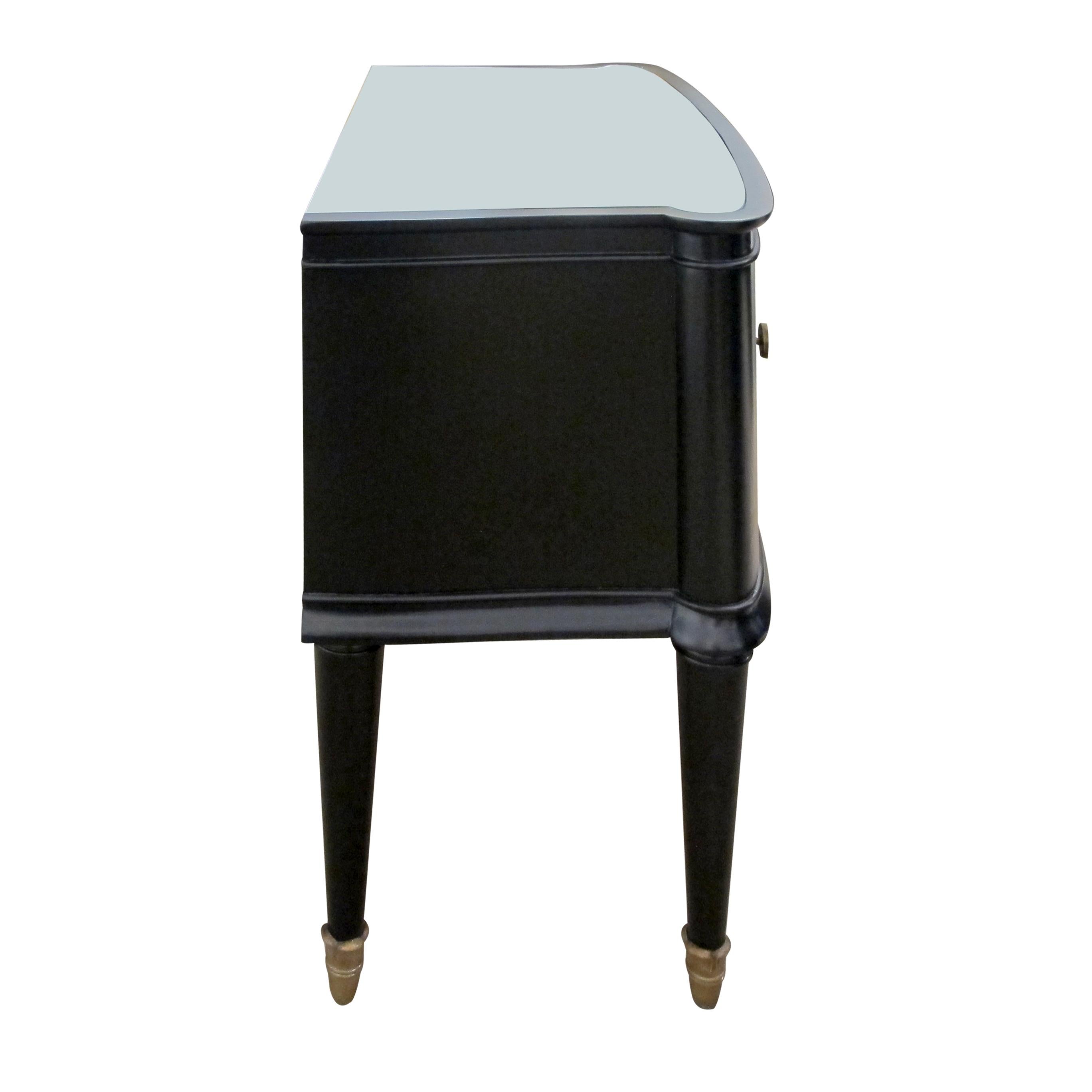 Mid-20th Century Pair of 1950s Swedish Black Bow Fronted Mirror Topped Nightstands Bedside Tables