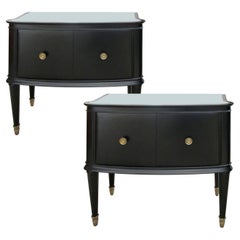 Pair of 1950s Swedish Black Bow Fronted Mirror Topped Nightstands Bedside Tables
