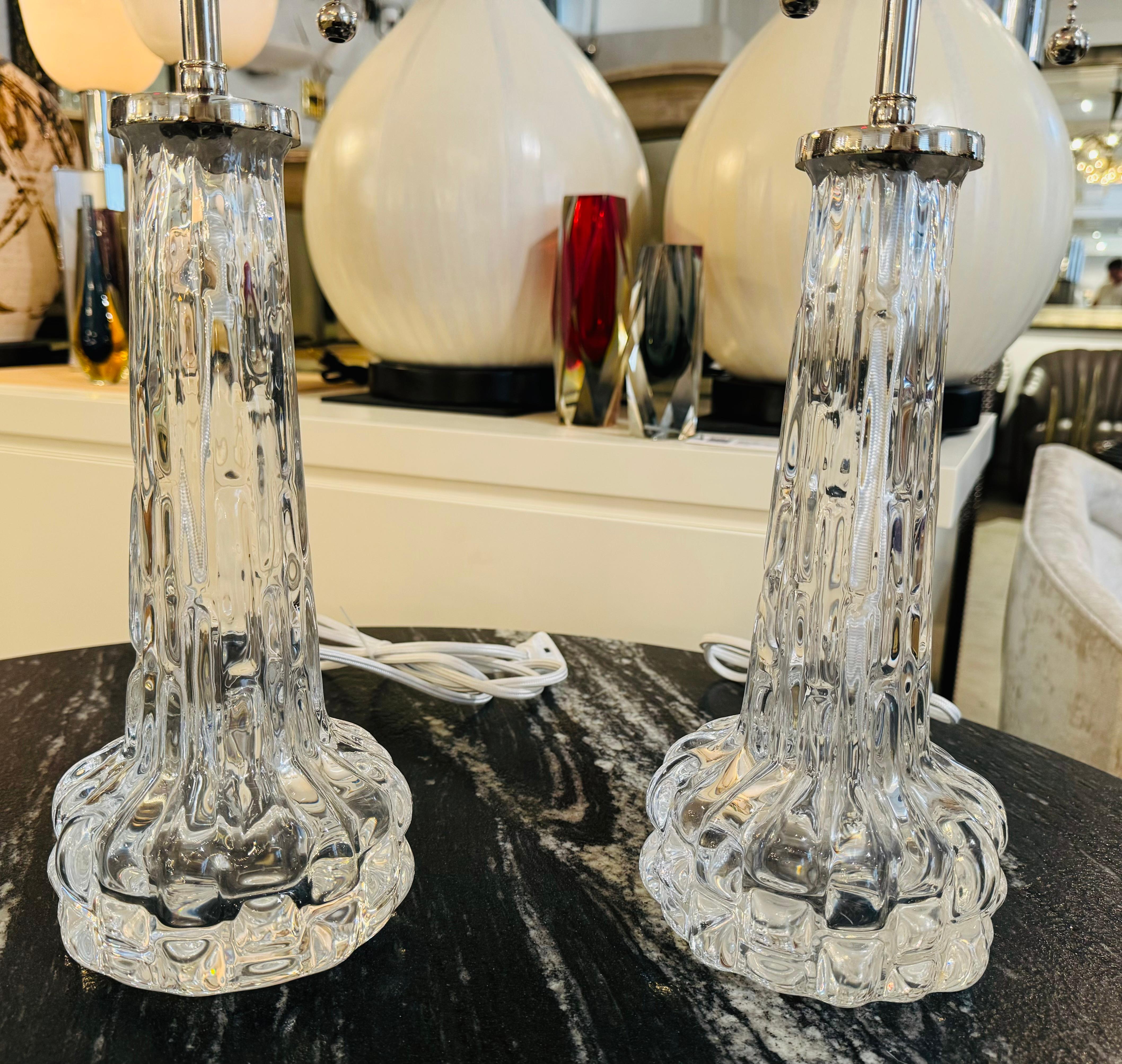 Mid-Century Modern Pair of 1950s Swedish Crystal Orrefors Carl Fagerlund Clear Table Lamps For Sale