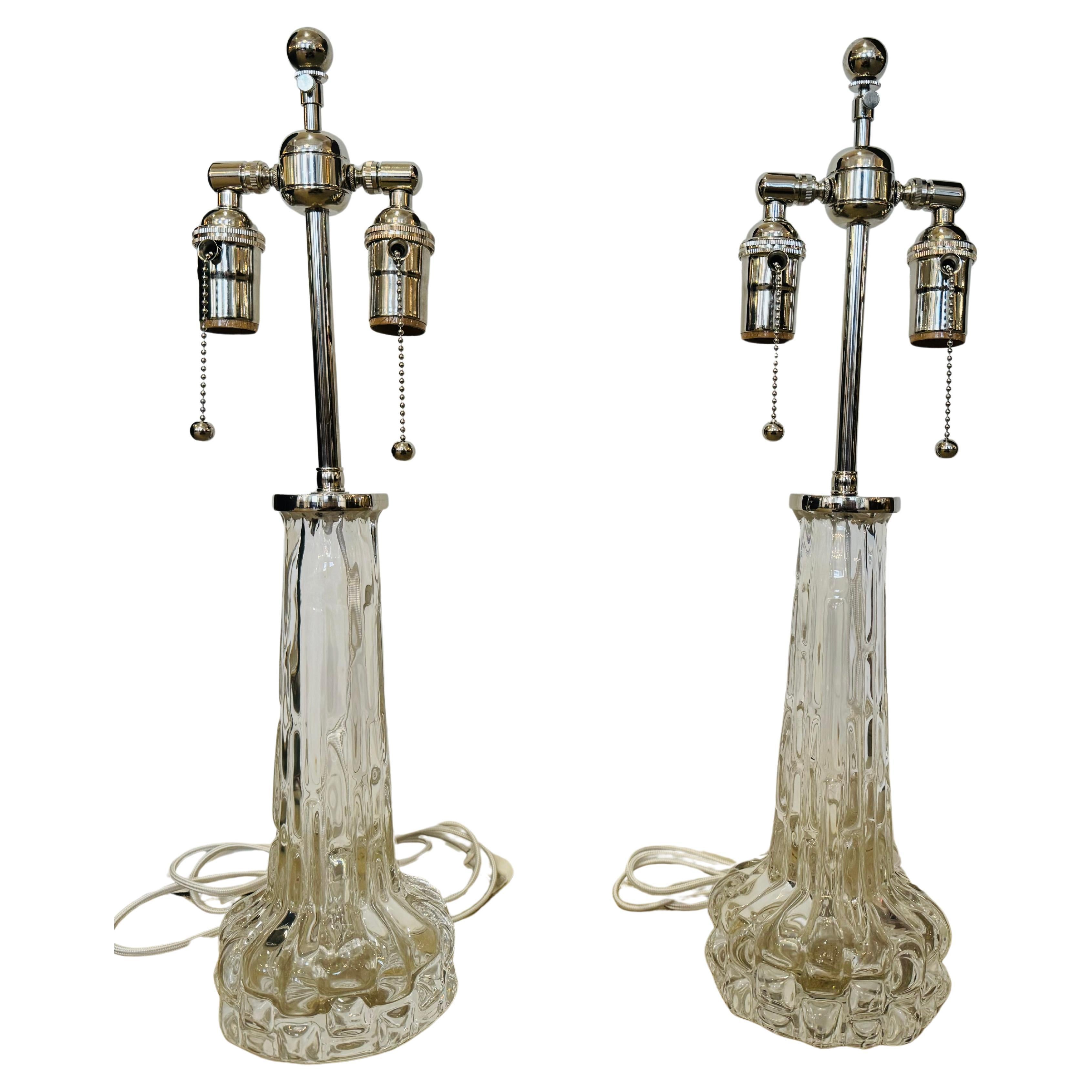 Pair of 1950s Swedish Crystal Orrefors Carl Fagerlund Clear Table Lamps