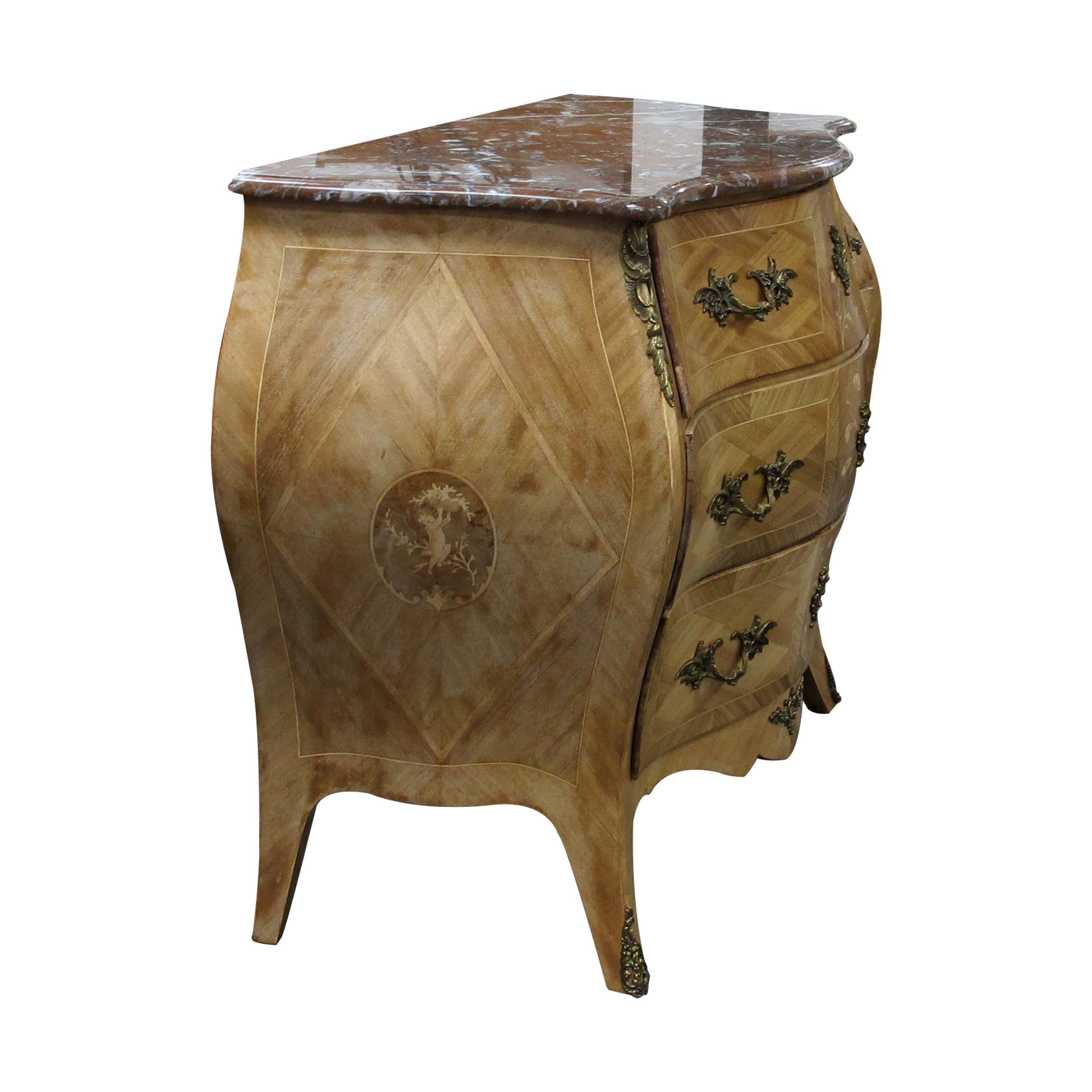 Marquetry Pair of 1950s Swedish Walnut Inlaid Serpentine Bombe Chest of Drawers/Commodes