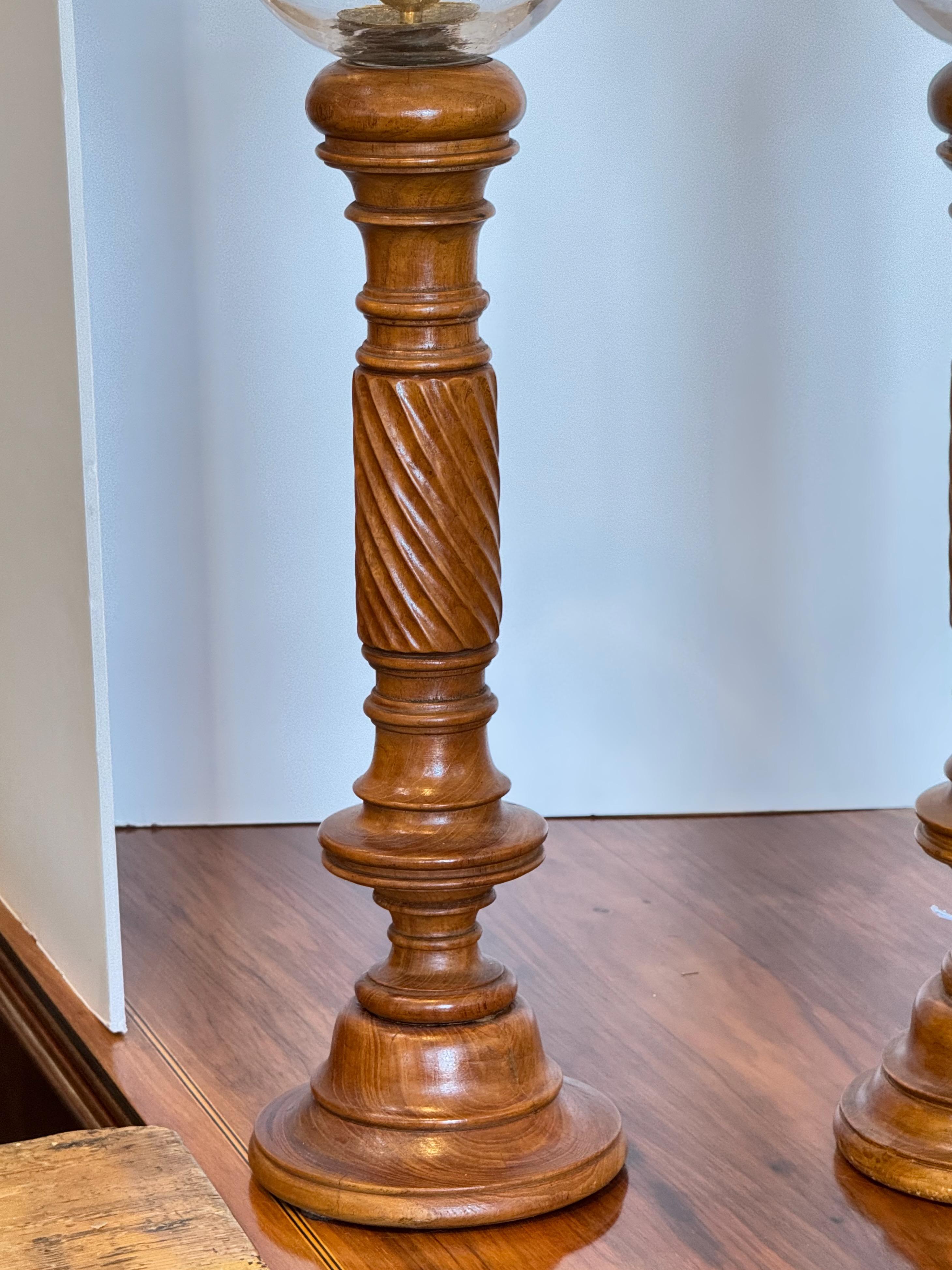 British Pair of 1950s Tall Wooden Hurricane Lamps For Sale