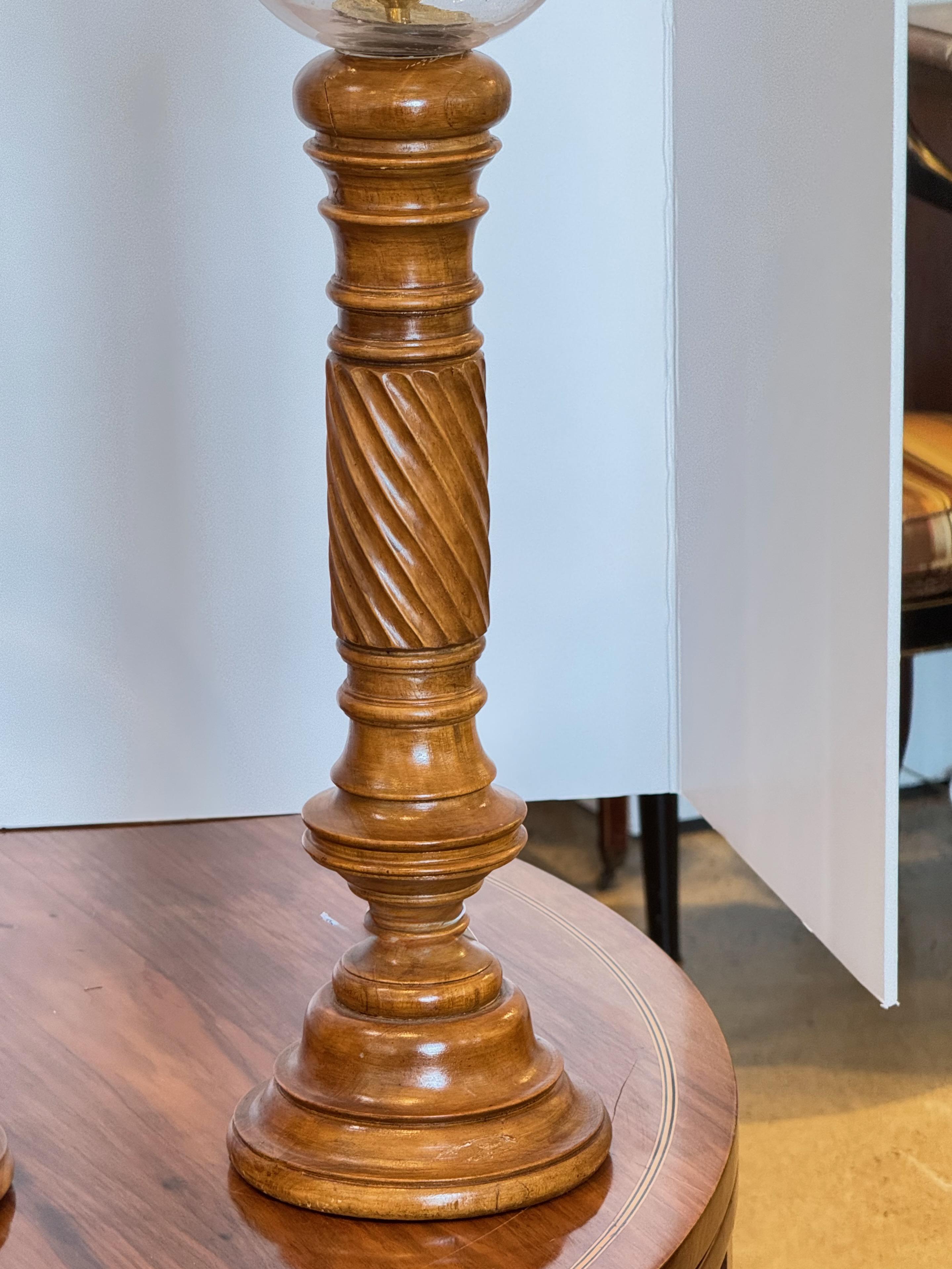 Pair of 1950s Tall Wooden Hurricane Lamps In Good Condition For Sale In Charlottesville, VA