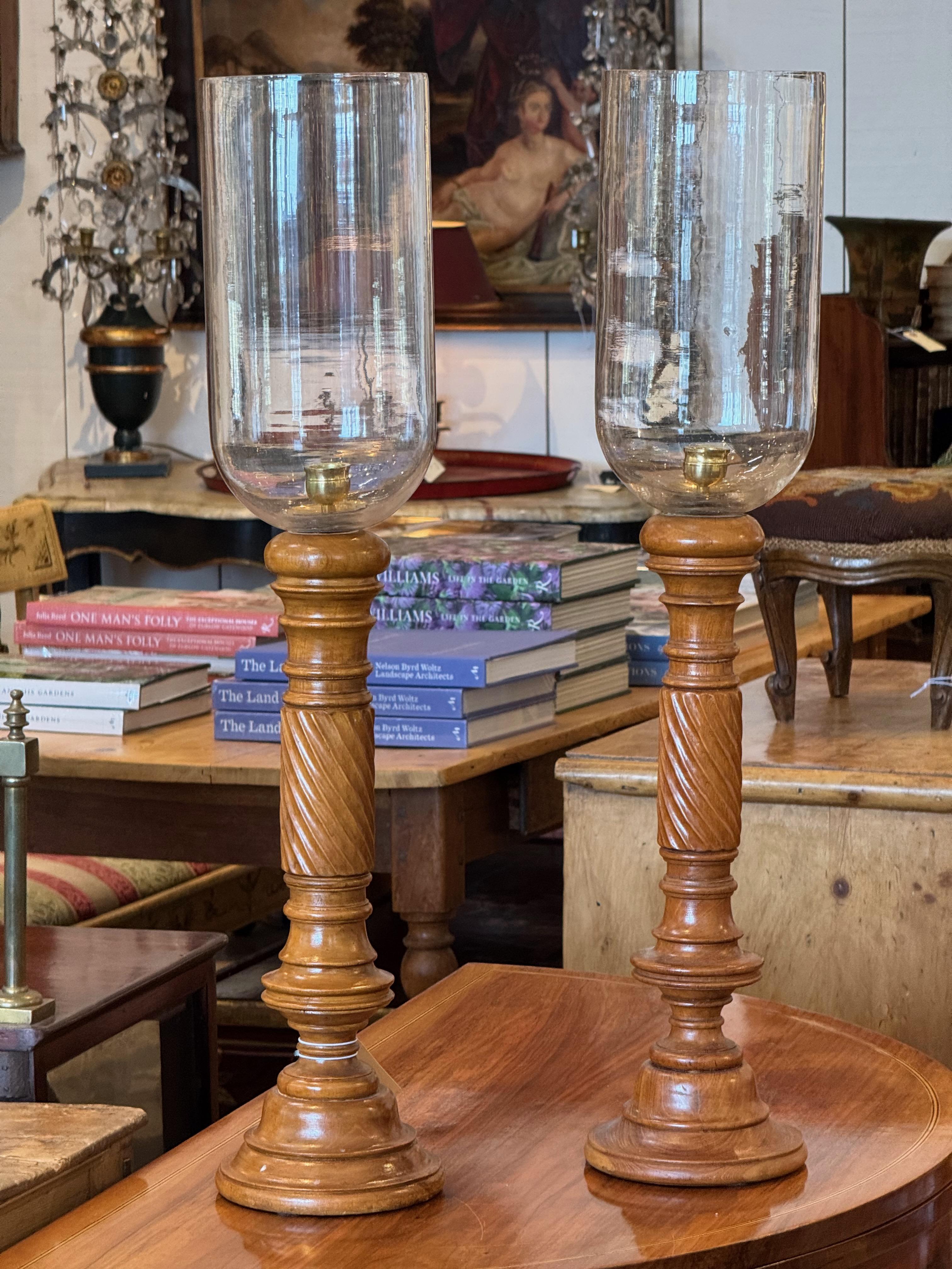 Mid-20th Century Pair of 1950s Tall Wooden Hurricane Lamps For Sale