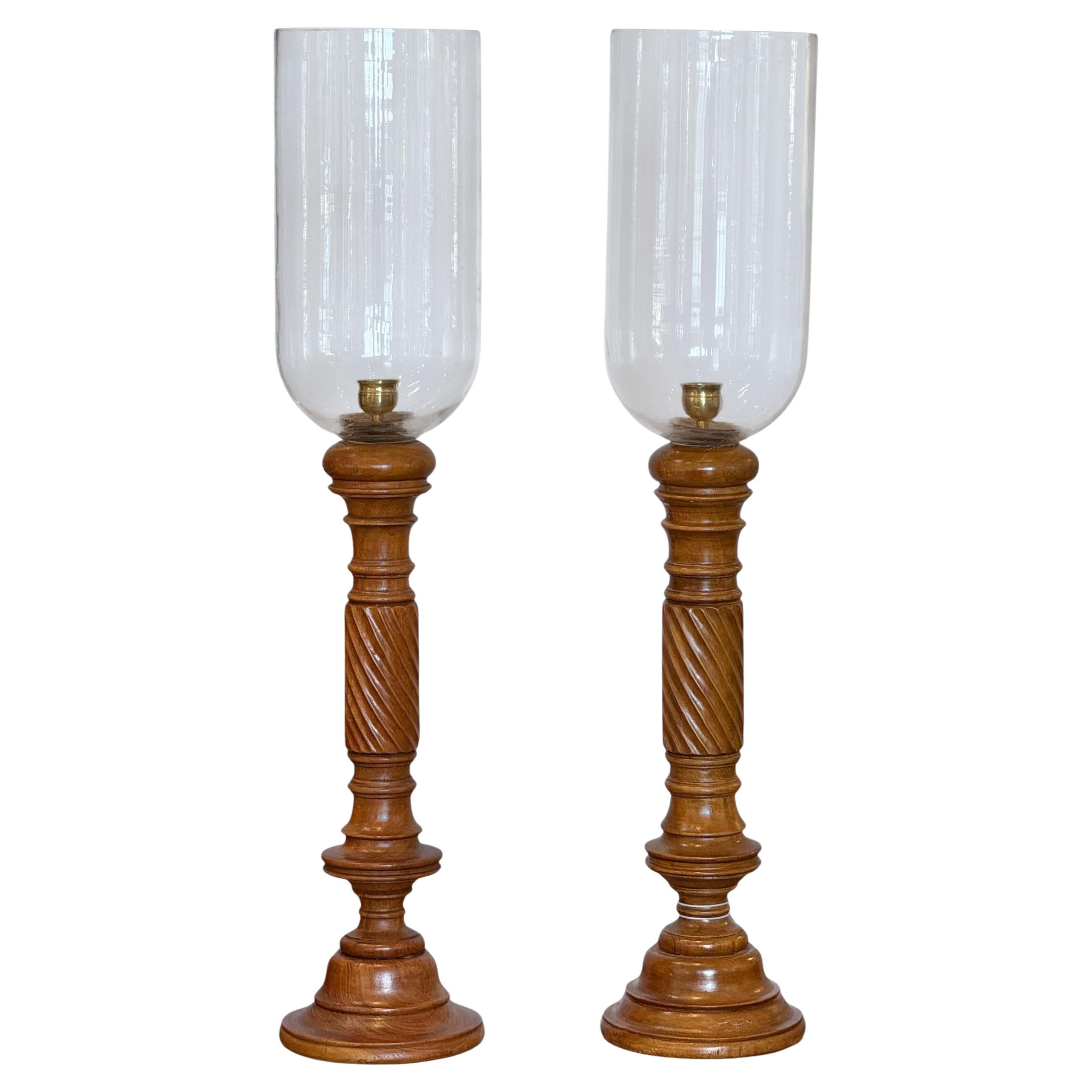 Pair of 1950s Tall Wooden Hurricane Lamps For Sale