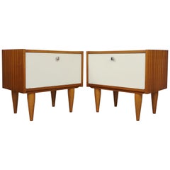 Pair of 1950s Teak and Warm White Lacquered Front Bedside Tables