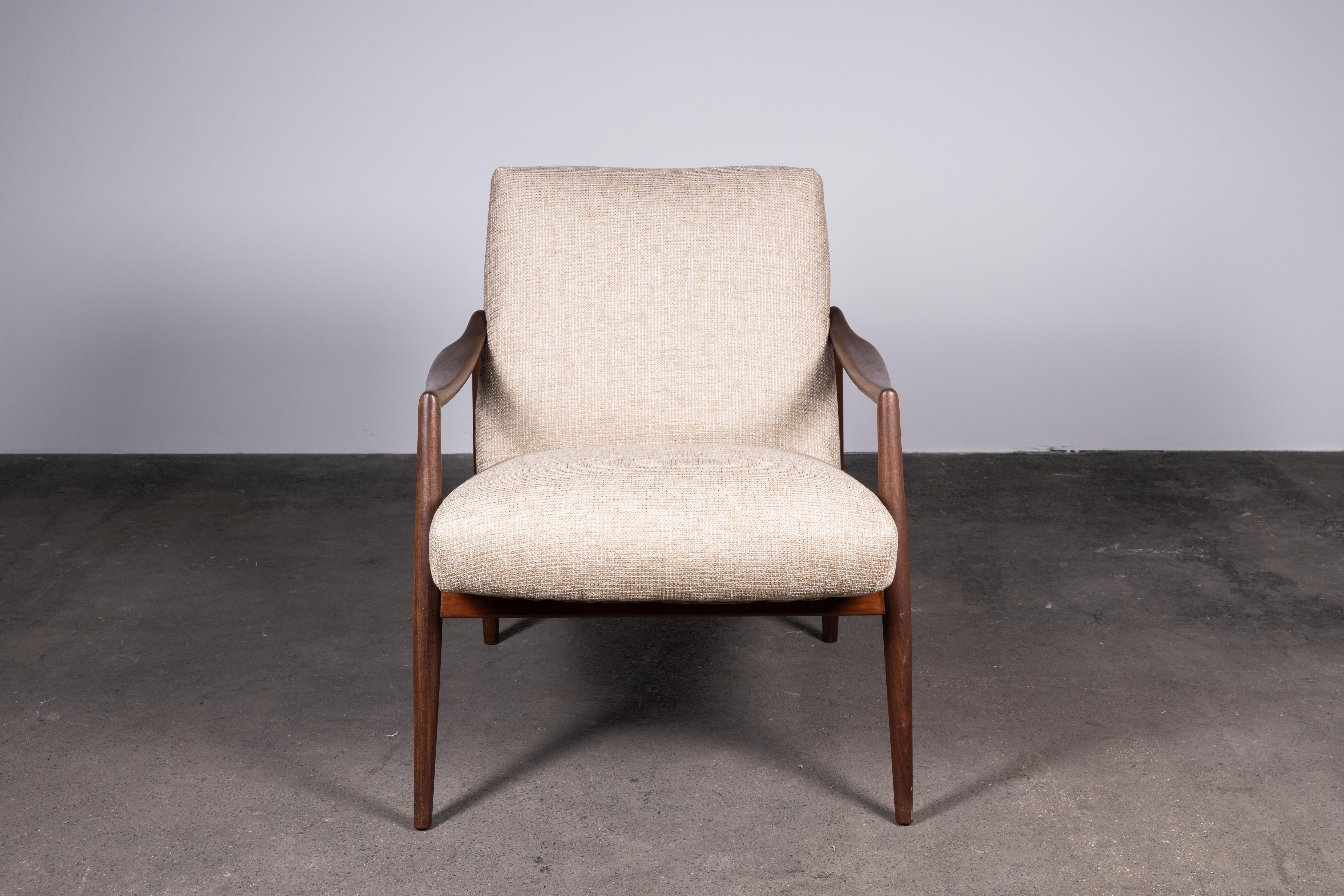 Mid-Century Modern Pair of 1950s Teak Armchairs by Hartmut Lohmeyer Upholstered à la Coco Chanel