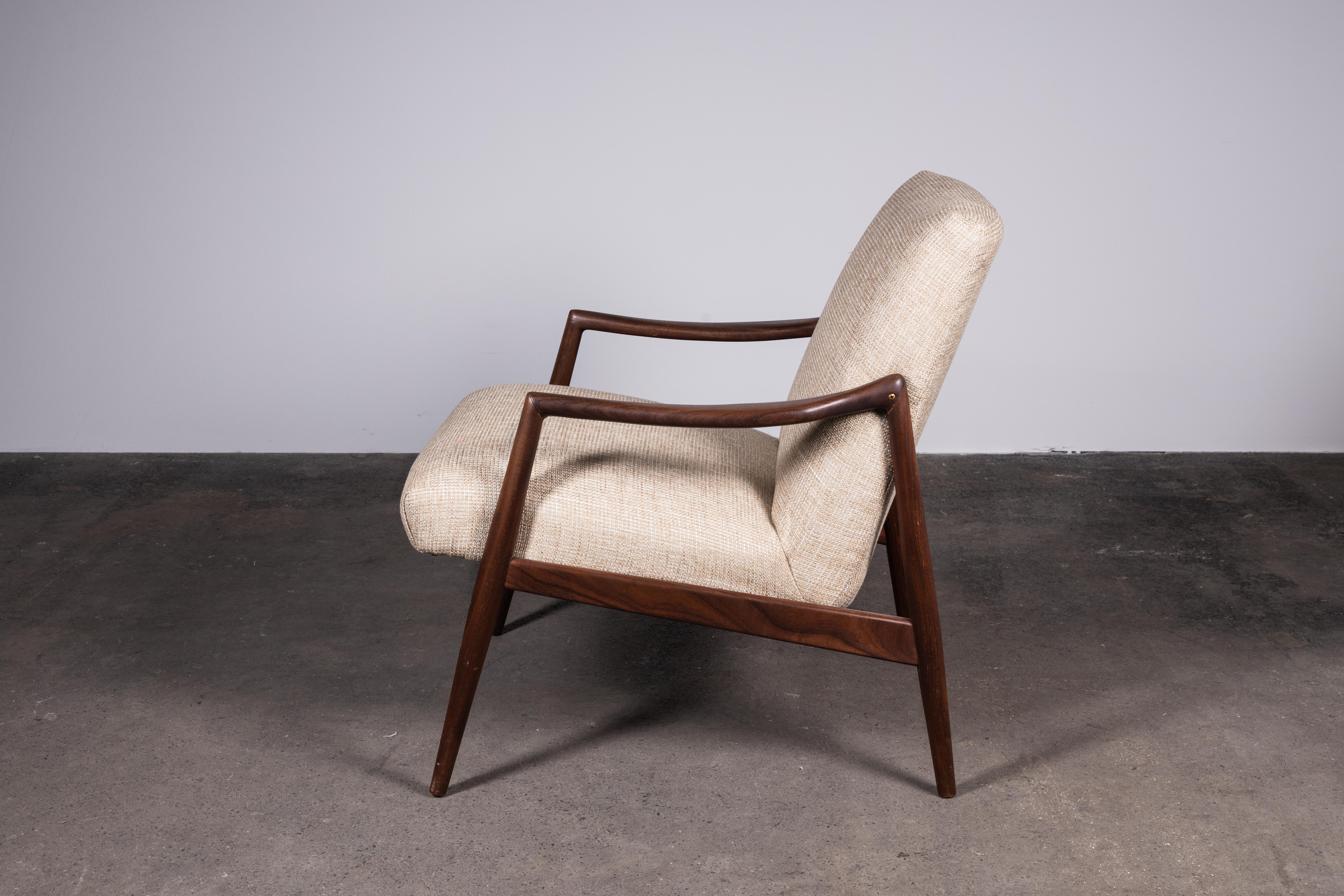 German Pair of 1950s Teak Armchairs by Hartmut Lohmeyer Upholstered à la Coco Chanel