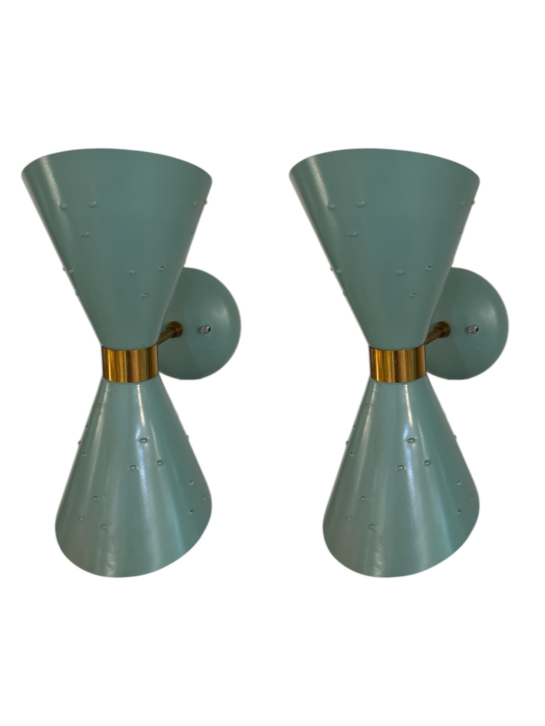 American Pair of 1950s Tiffany Blue Brass Double Cone Sconces