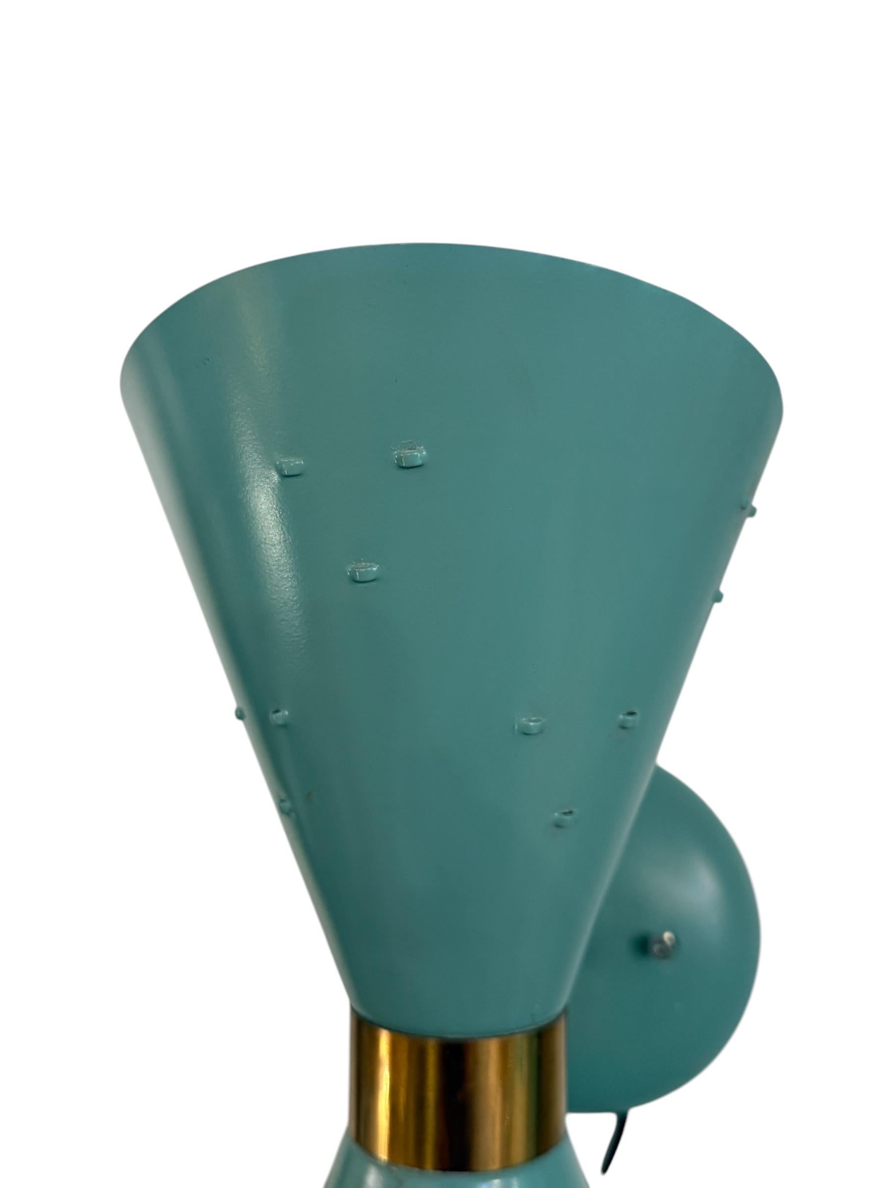 Pair of 1950s Tiffany Blue Brass Double Cone Sconces In Good Condition In Pasadena, CA