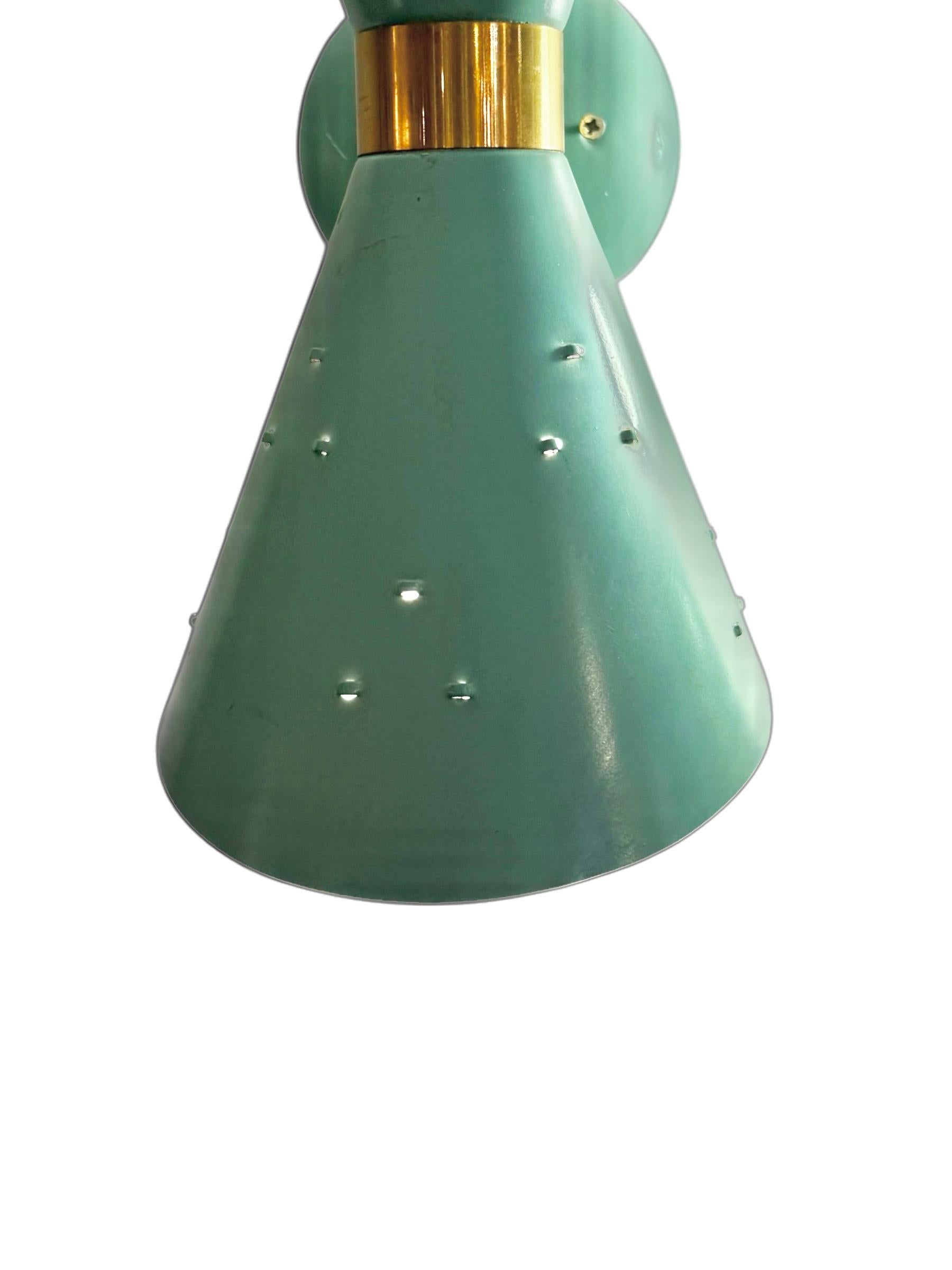 20th Century Pair of 1950s Tiffany Blue Brass Double Cone Sconces