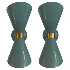 Pair of 1950s Tiffany Blue Brass Double Cone Sconces