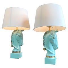 Paire de lampes licornes en céramique bleu turquoise Howell des années 1950