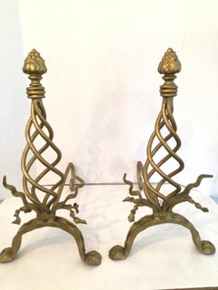 Pair of 1950s Twisted Gilt Andirons