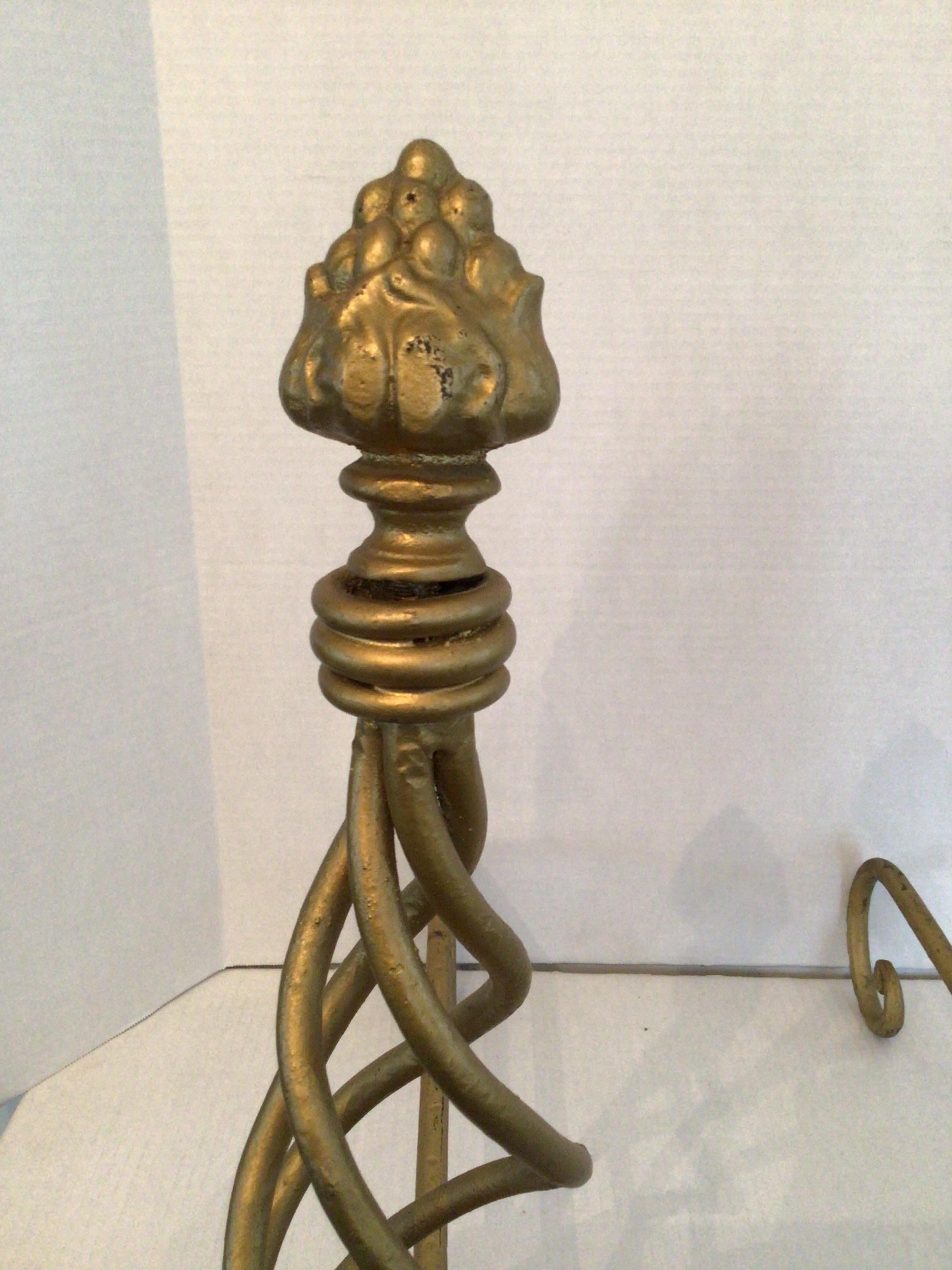 Spanish Pair of 1950s Twisted Gilt Andirons For Sale