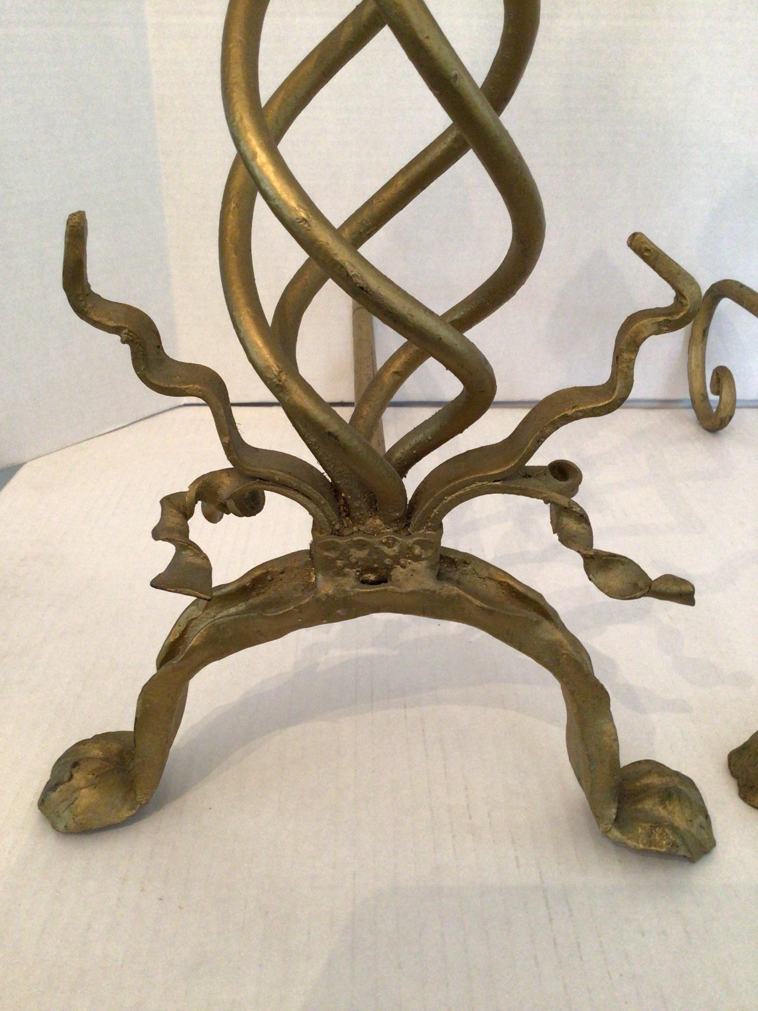 Pair of 1950s Twisted Gilt Andirons In Good Condition For Sale In Tarrytown, NY