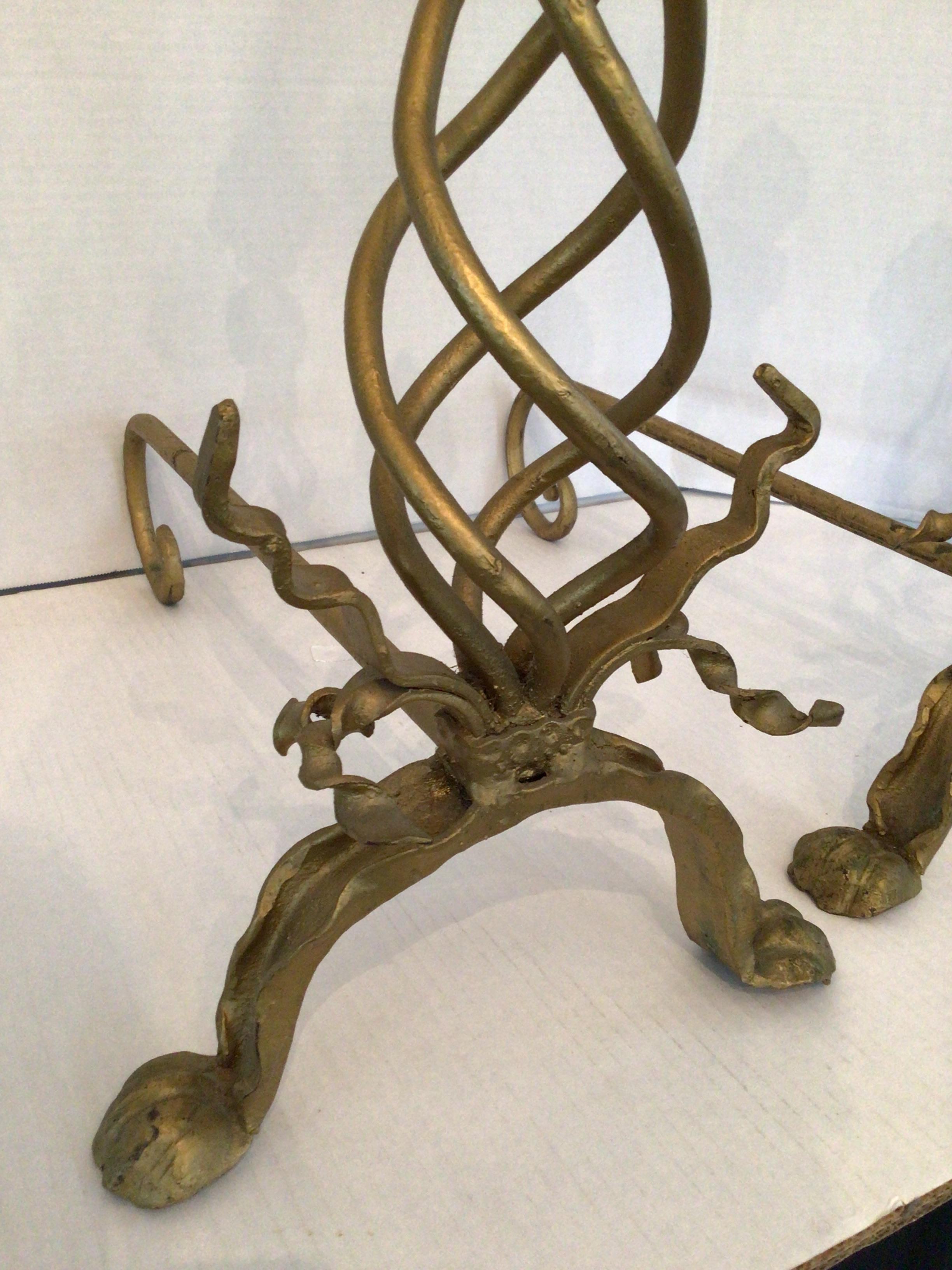 Mid-20th Century Pair of 1950s Twisted Gilt Andirons For Sale