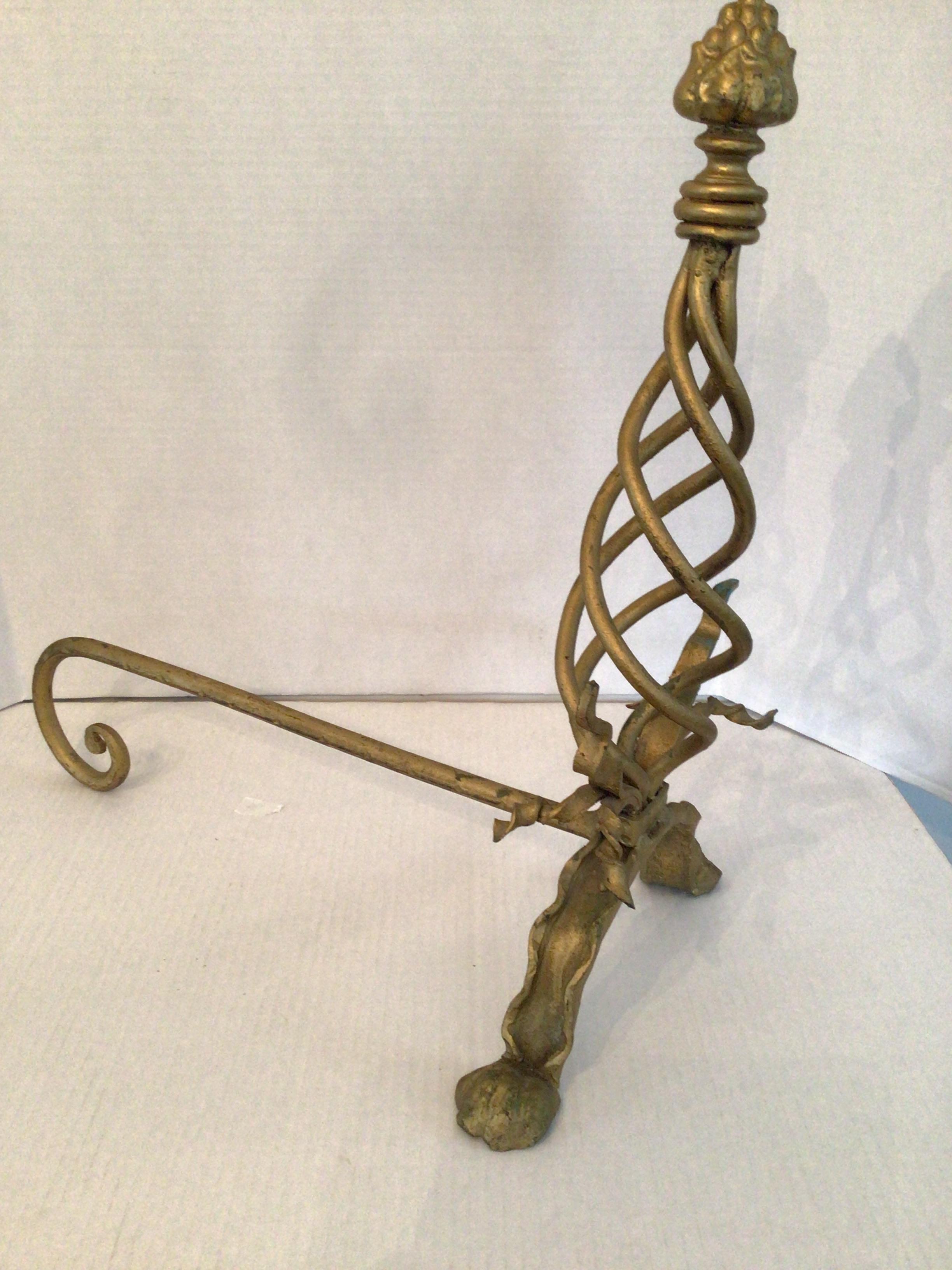 Iron Pair of 1950s Twisted Gilt Andirons For Sale