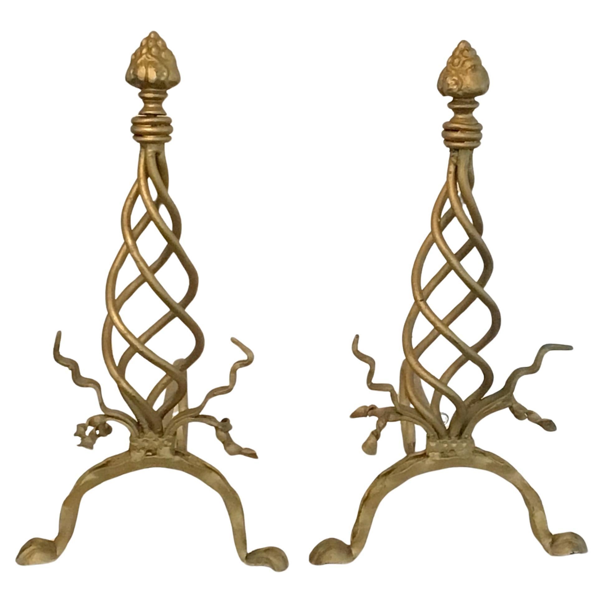 Pair of 1950s Twisted Gilt Andirons For Sale